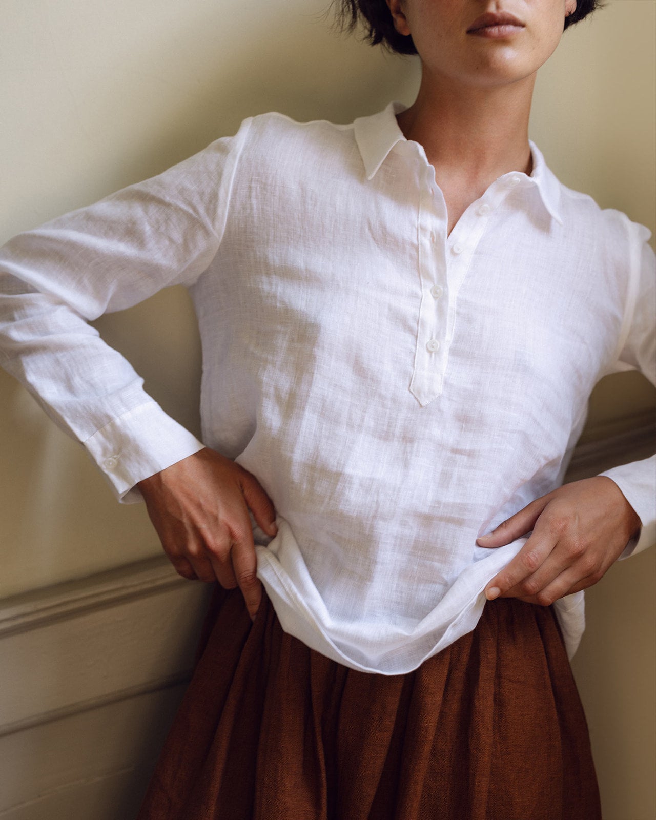 Linen Blouse No.18 Collared Long Sleeved Shirt in Milk White