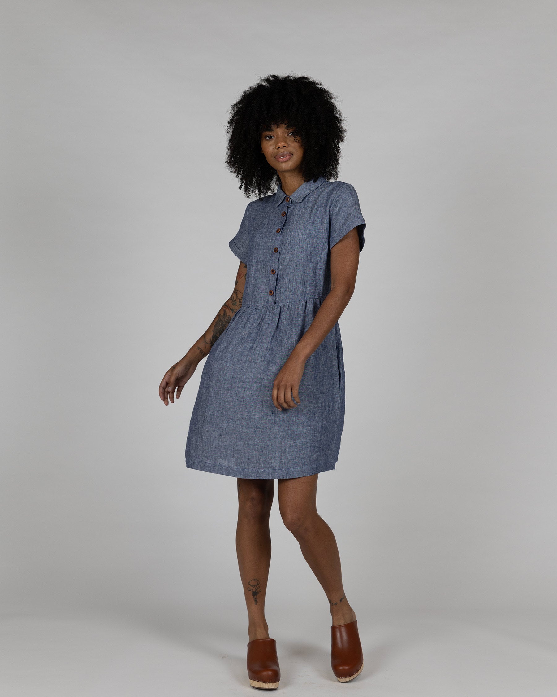 Model No.23 Collared, Button up Linen Dress in Oxford Chambray