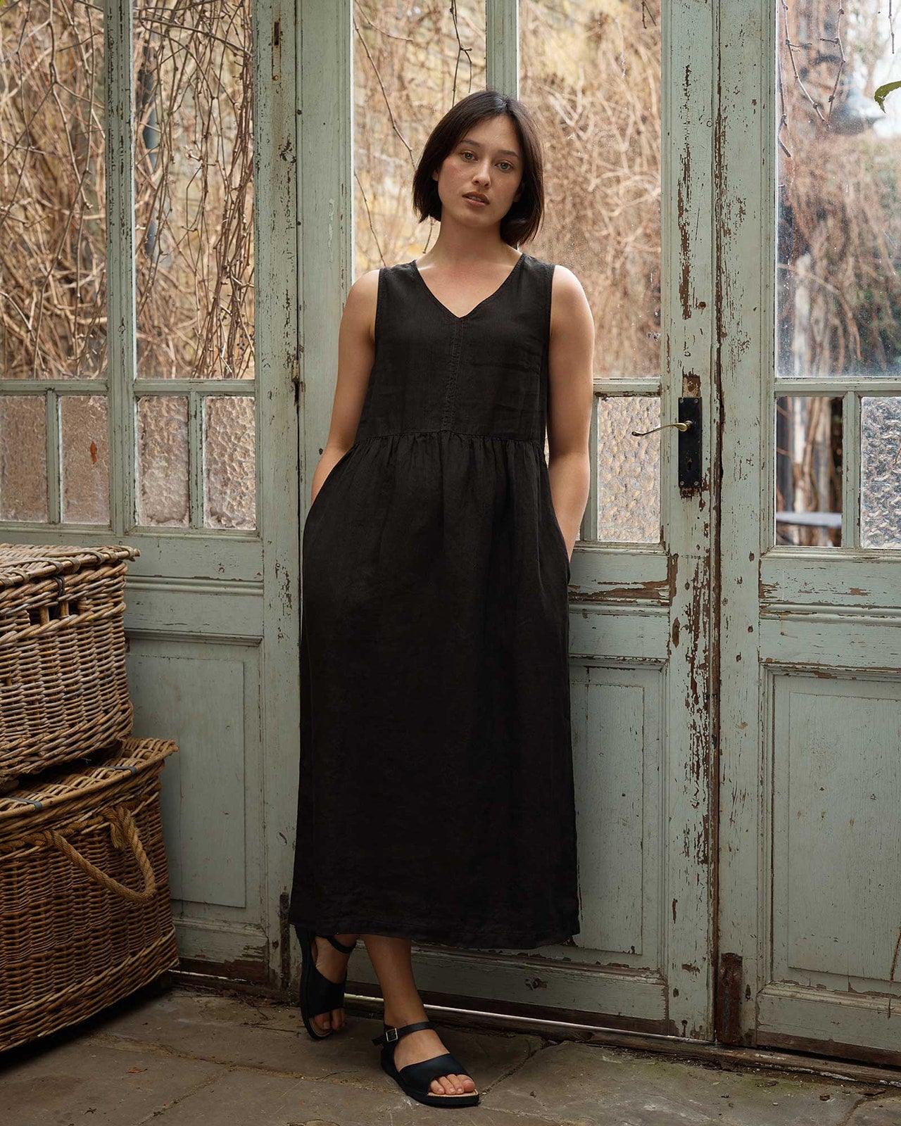 Modern Sleeveless Linen Dress in Black | Pyne & Smith