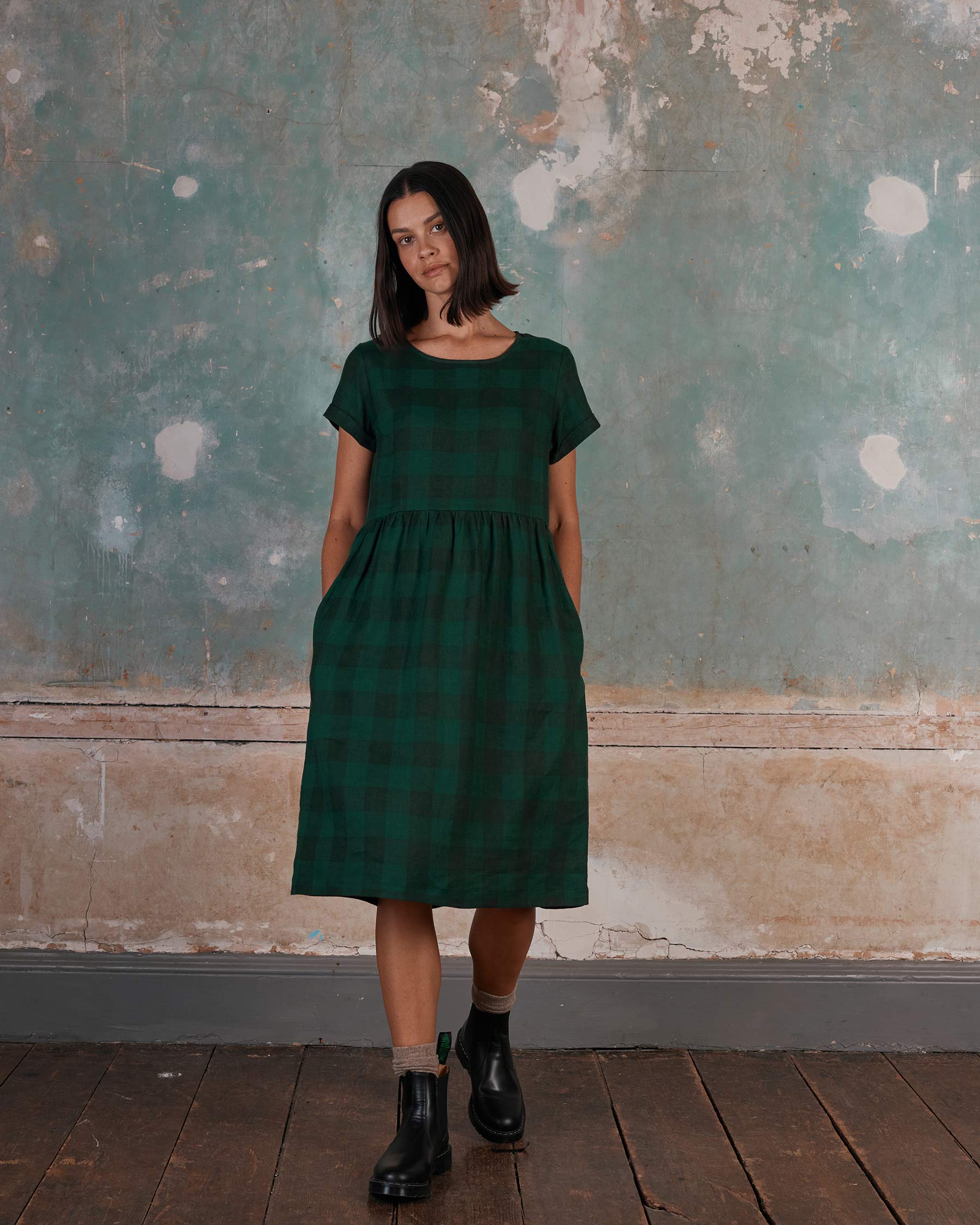 Linen Day Dress in Woodland Green Check | Pyne & Smith Linen Day Dress in Woodland Green Check | Pyne & Smith