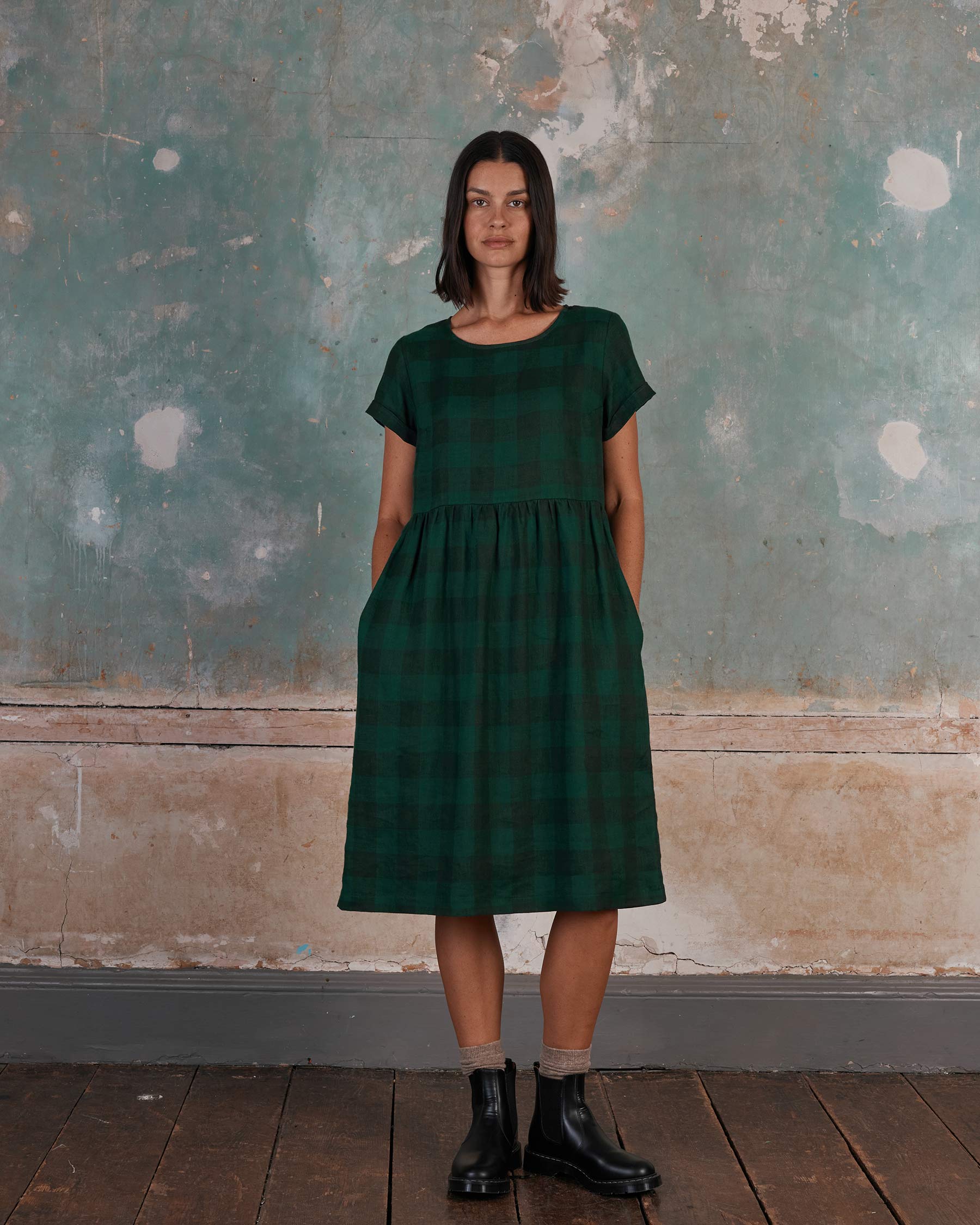 Linen Day Dress in Woodland Green Check | Pyne & Smith Linen Day Dress in Woodland Green Check | Pyne & Smith