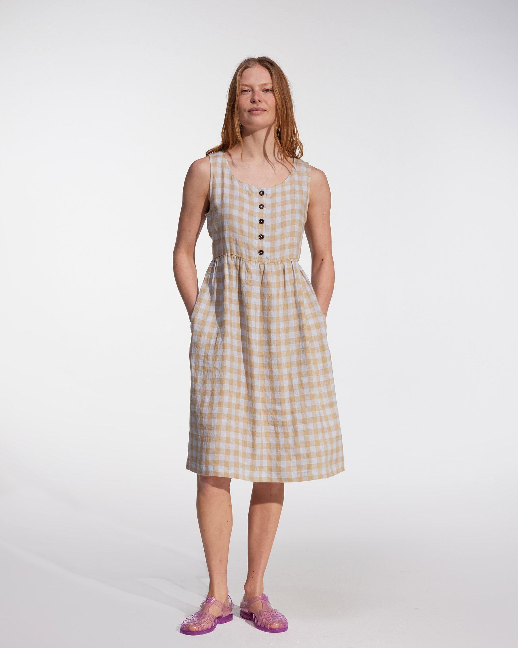 No.24 Sleeveless, button up Linen Dress in St. Agnes Check | Pyne & Smith Clothiers