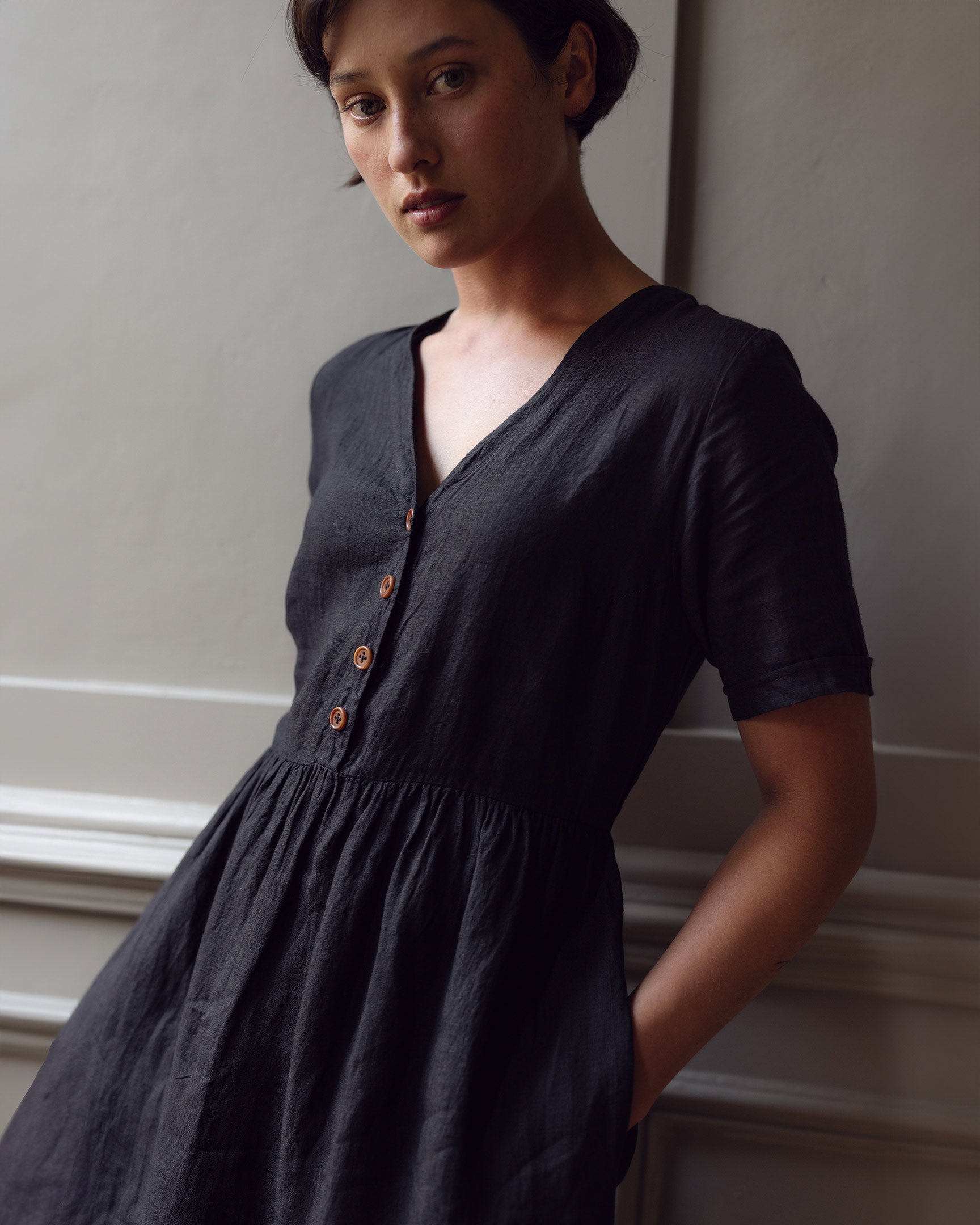 No.31 V Neck, Full Length Linen Dress in Black