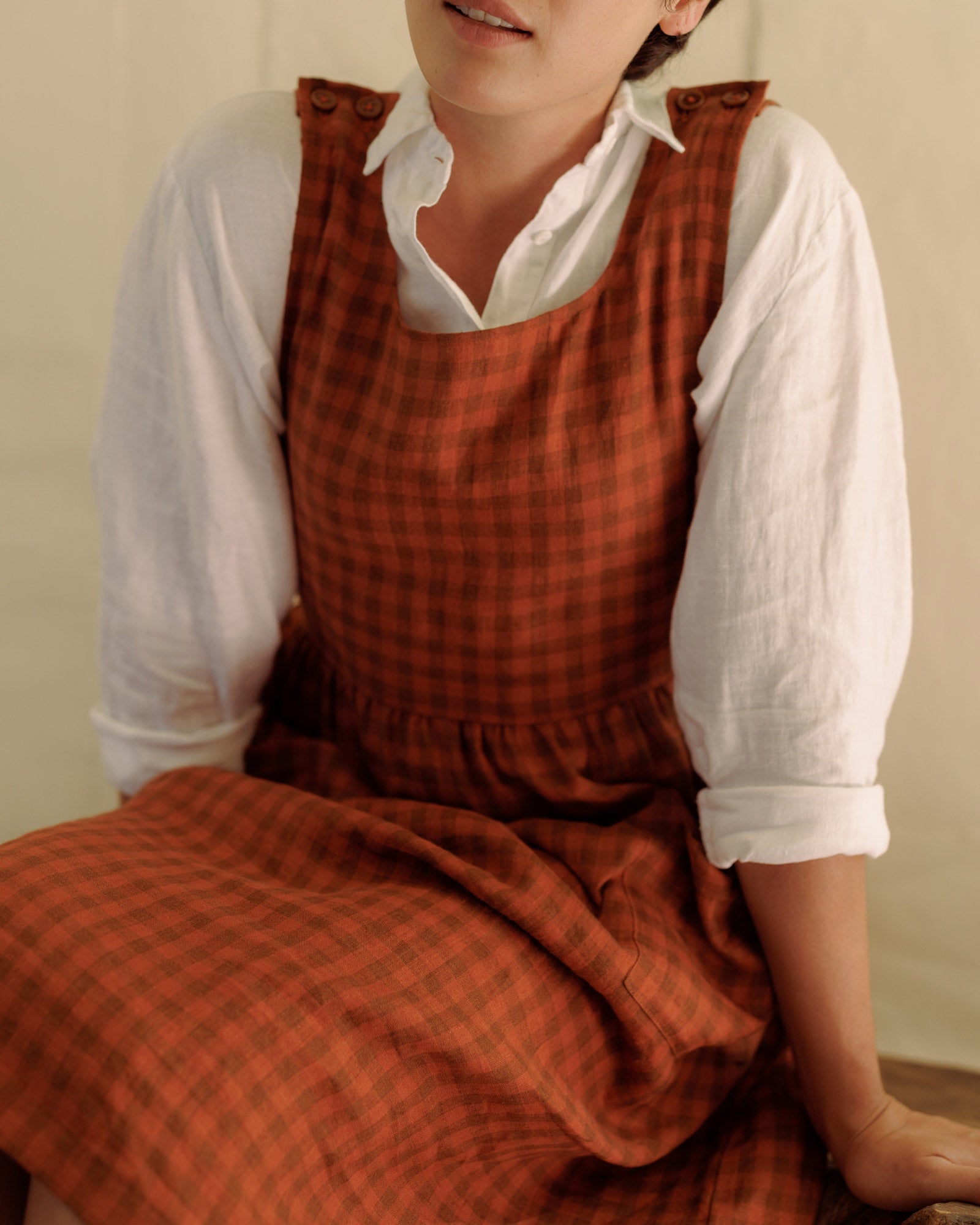 No.32 The Pinafore Dress in Ginger Check | Pyne & Smith Clothiers No.32 The Pinafore Dress in Ginger Check | Pyne & Smith Clothiers