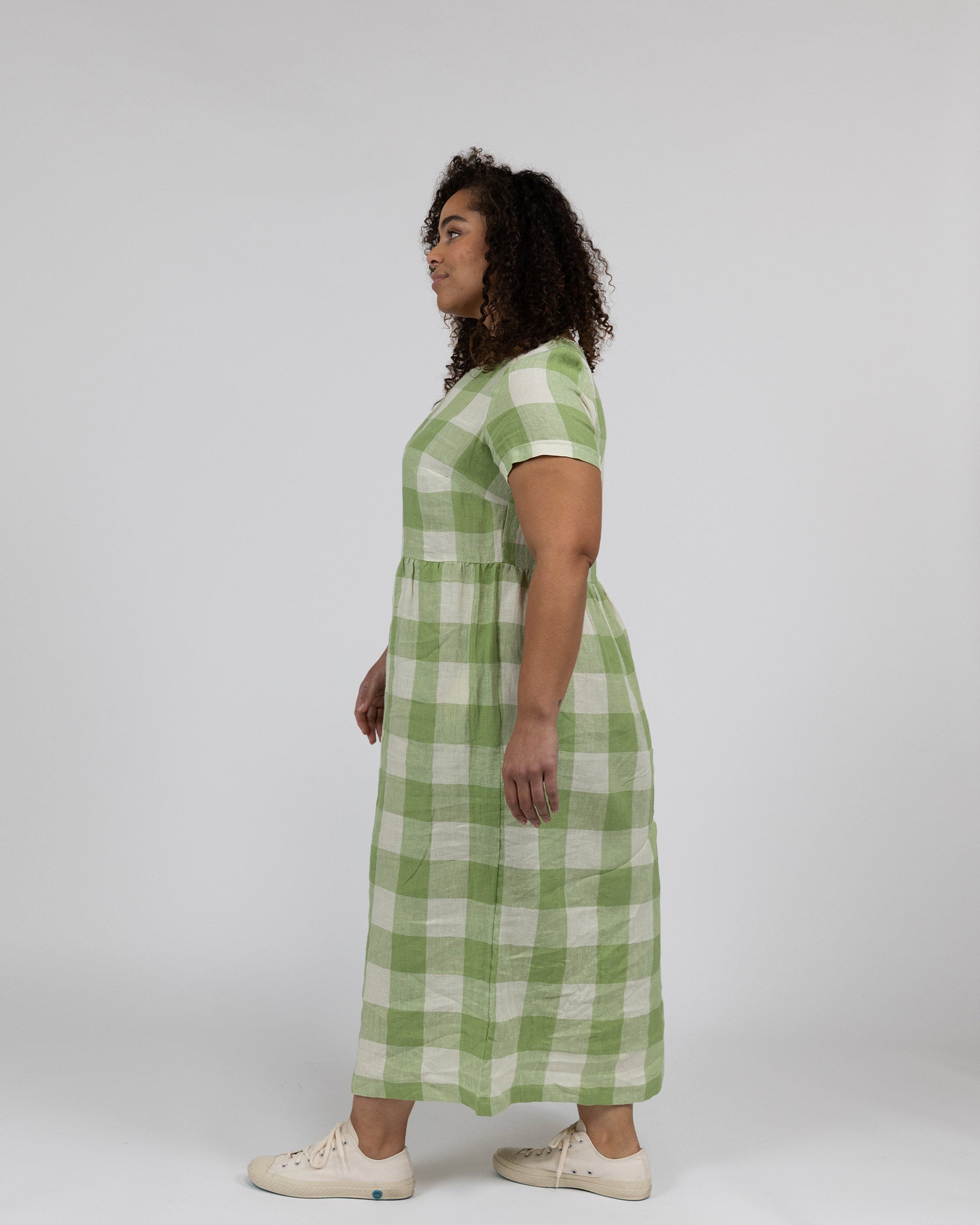 Model No.17 Full Length Linen Tea Dress in Green Apple Check