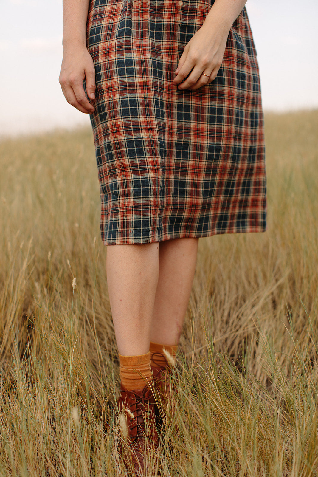 Pyne and Smith Model No. 30 Margate Plaid linen dress with tan leather boots