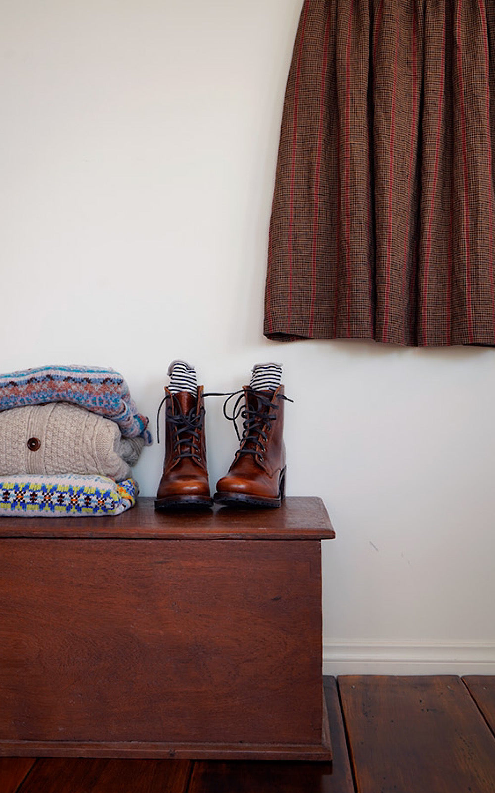 Linen skirt with chunky boots and wool sweaters