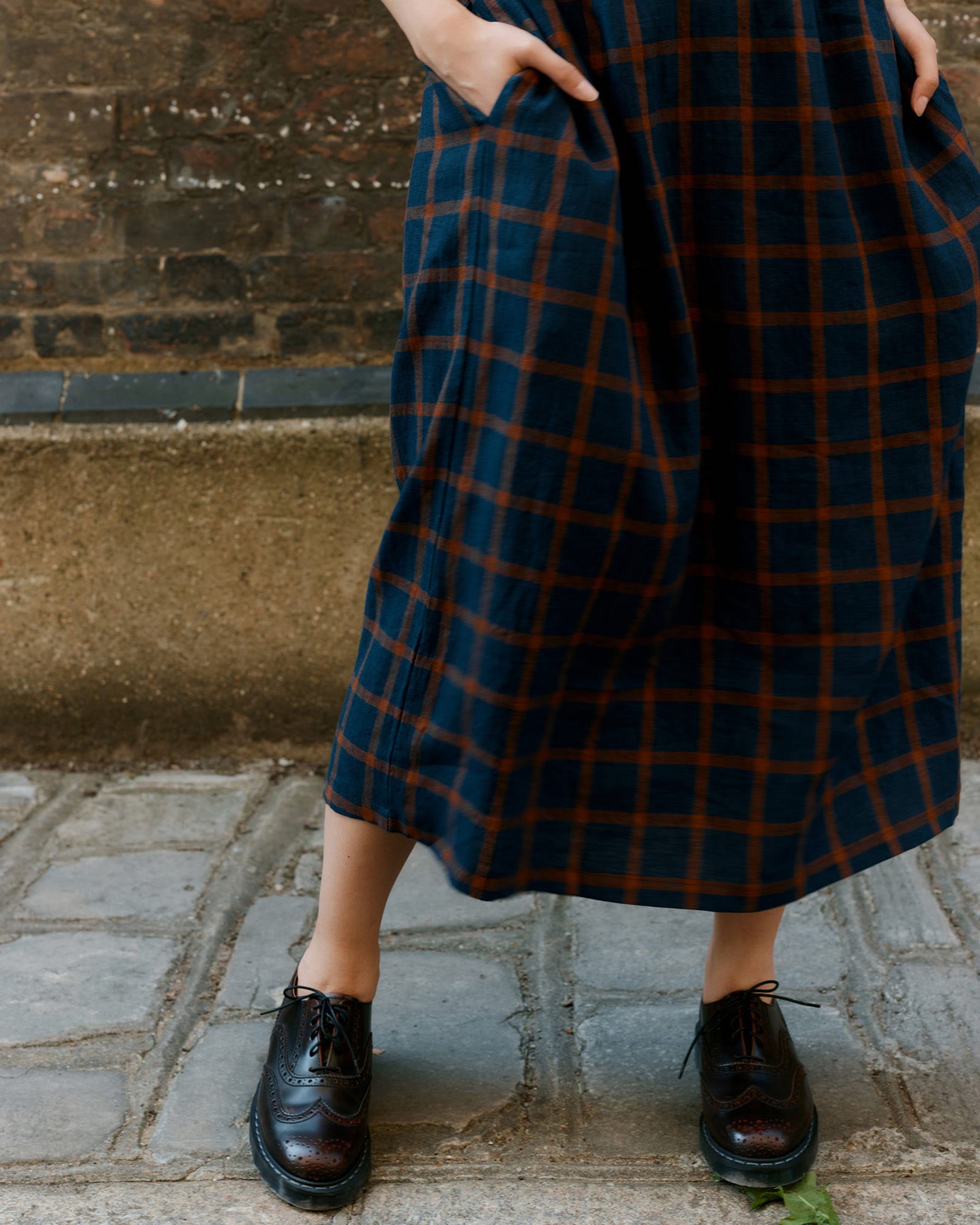 No.31 V Neck, Full Length Linen Dress in Montague Windowpane