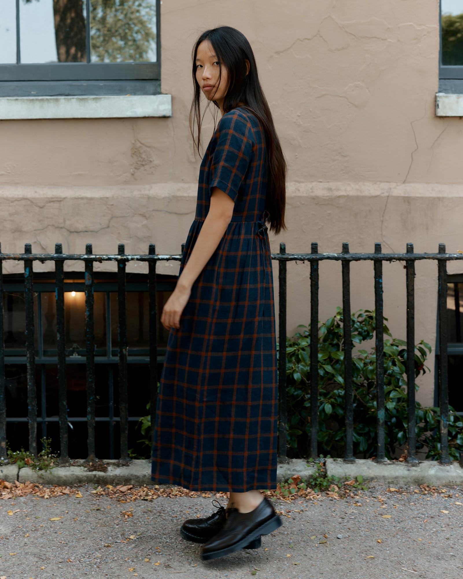 No.31 V Neck, Full Length Linen Dress in Montague Windowpane