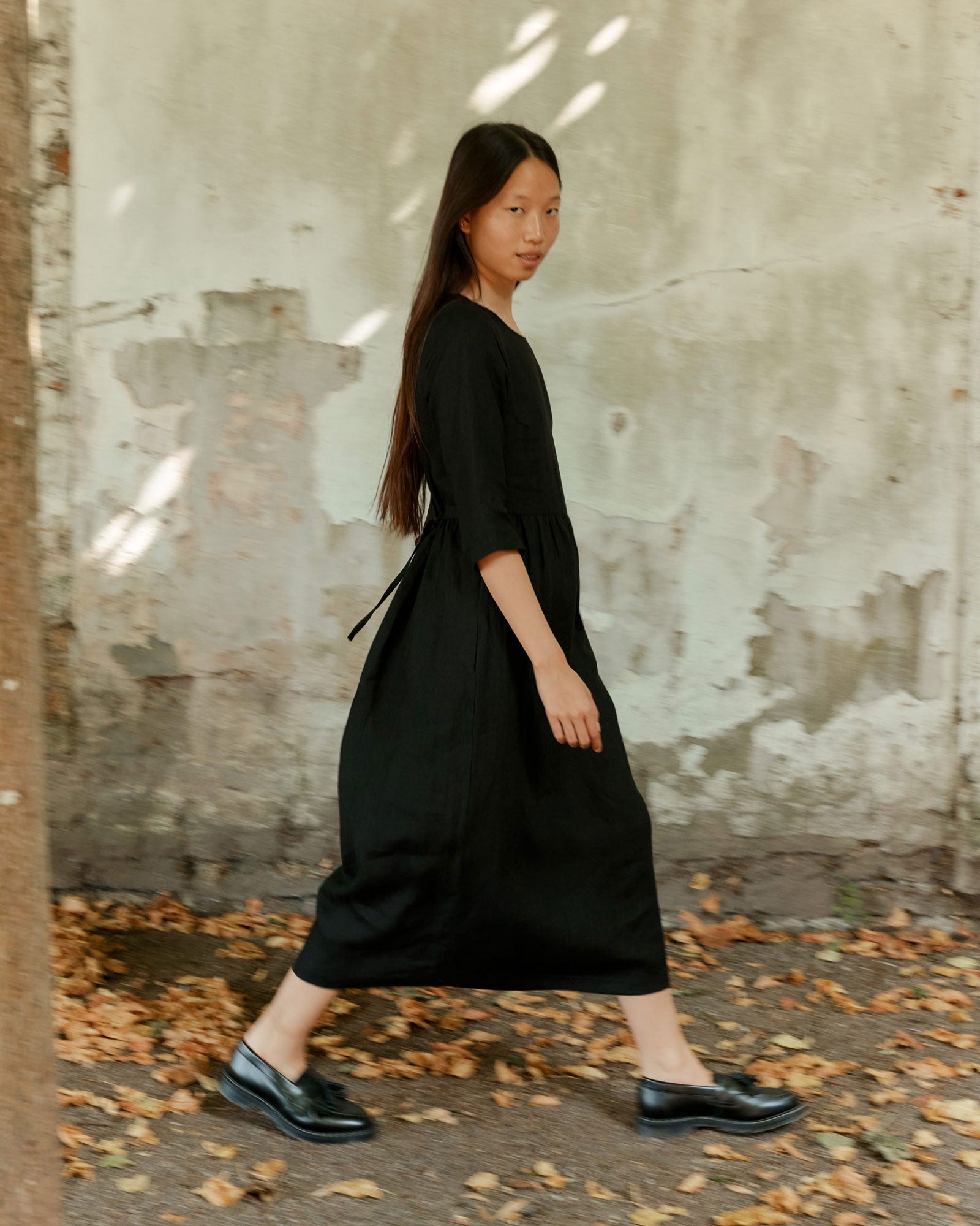No.41 Full Length Linen Day Dress in Solid Black