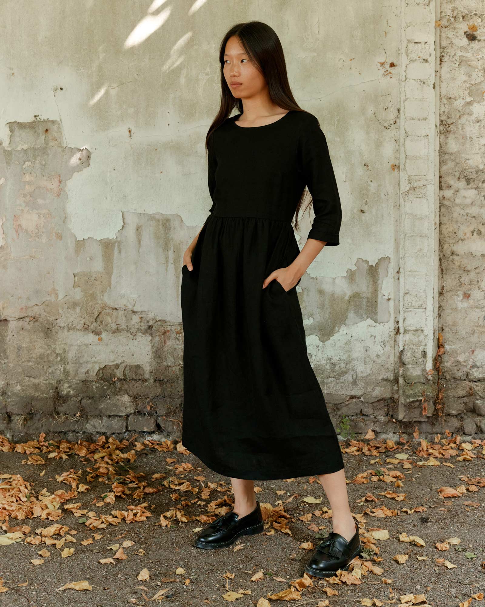 No.41 Full Length Linen Day Dress in Solid Black