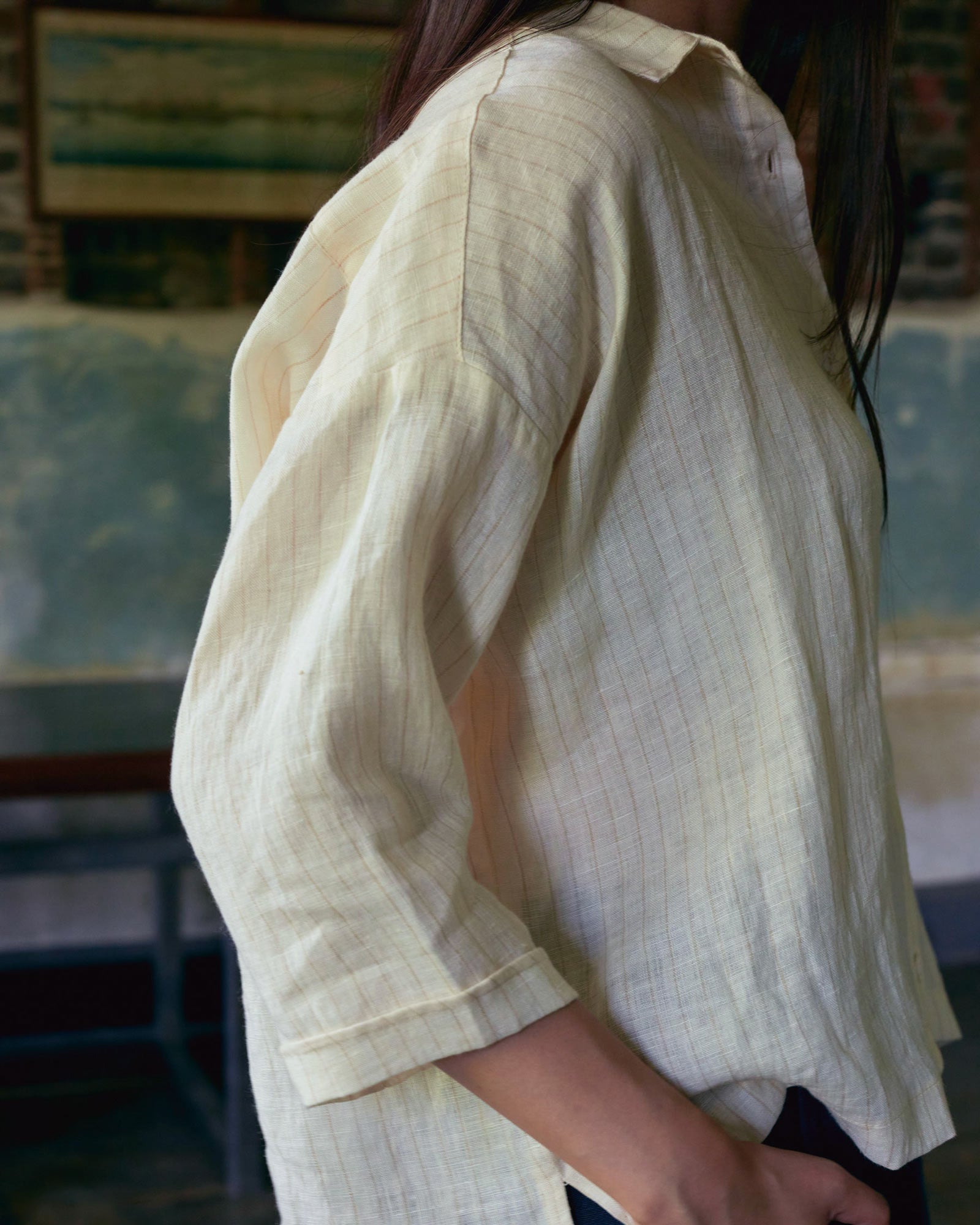 Boxy Cropped, Button up, Linen Blouse No.22 in Cream Pinstripe