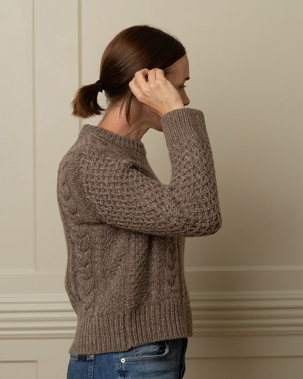 Merino Wool Cable Knit Sweater in Champignon Brown
