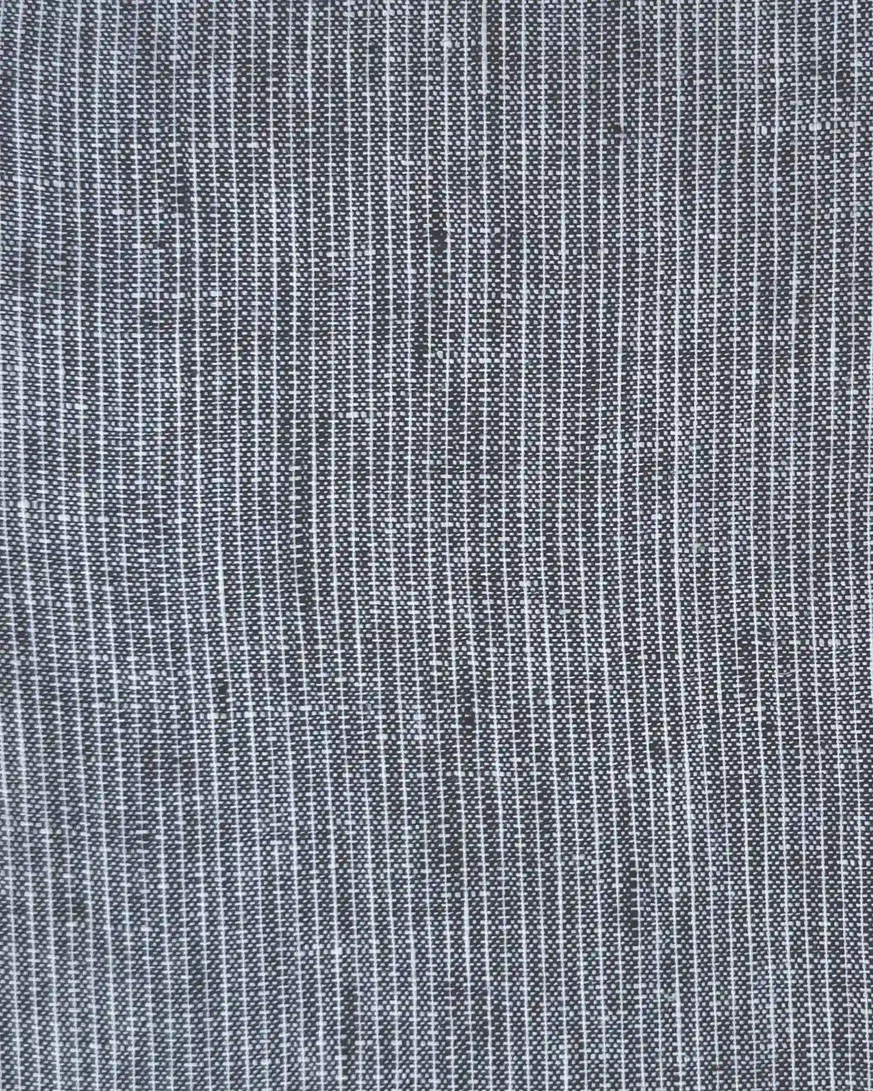 Close-up of the No.41 Full Length Linen Day Dress in Cooke's Stripe by Pyne and Smith Clothiers, showing its gray linen fabric with thin vertical white pinstripes, subtle texture, and an adjustable waist tie.