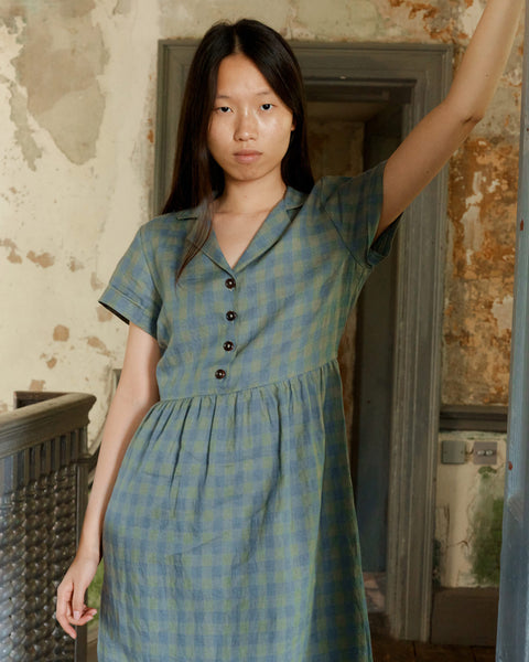 Collared Linen Dress in Emilie Check
