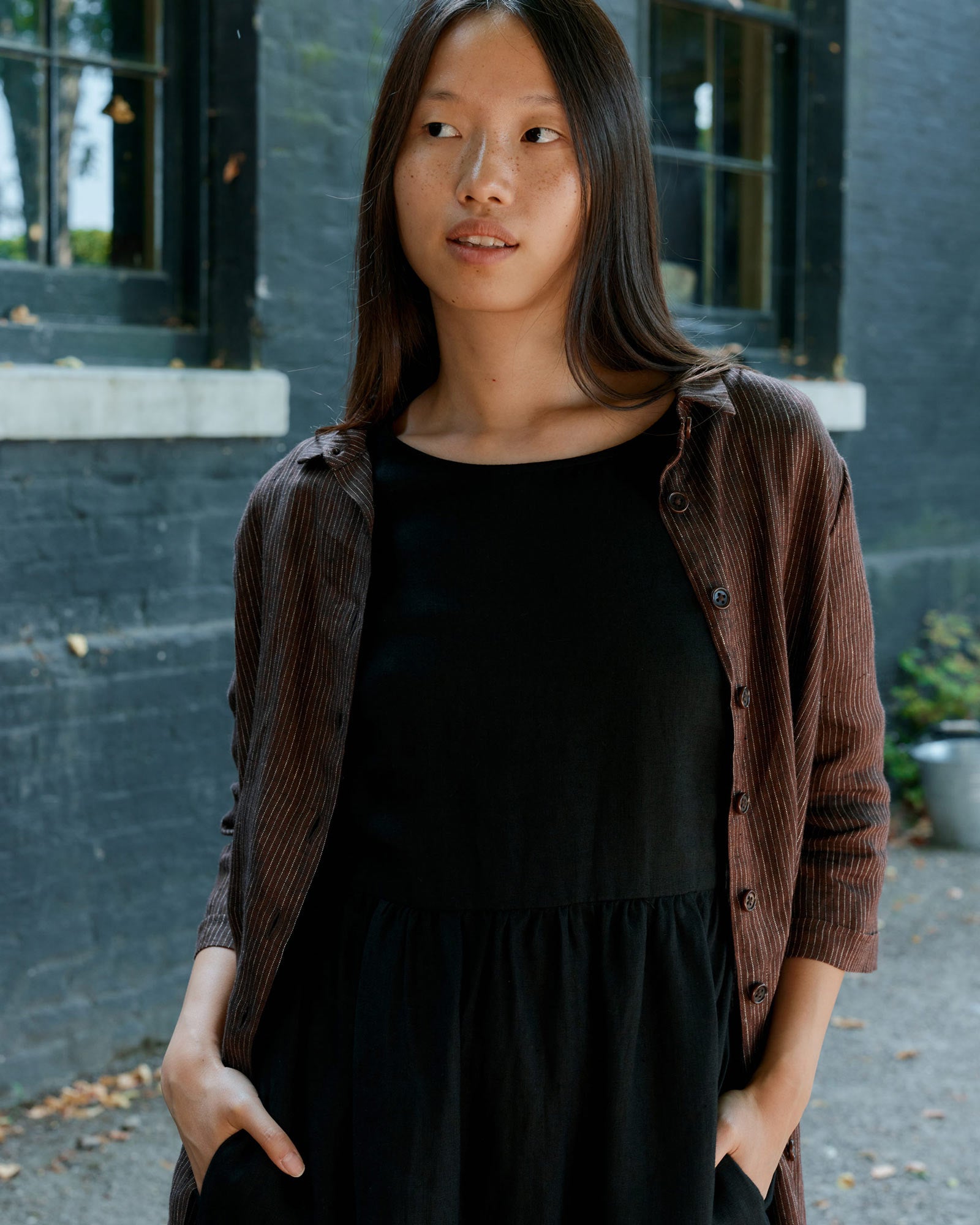 No.39 The Linen Shirtdress in Turkish Coffee Stripe