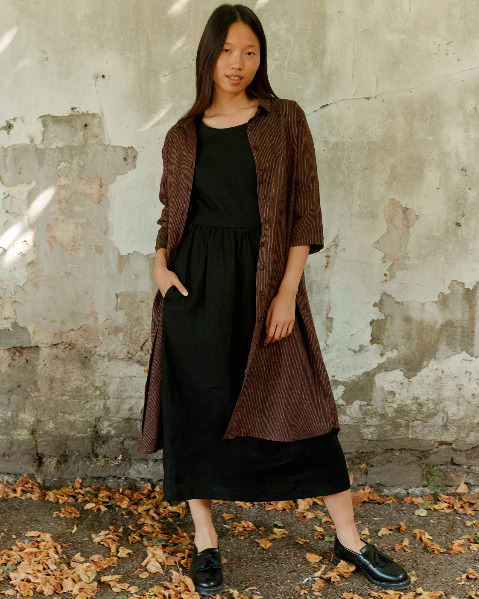 No.39 The Linen Shirtdress in Turkish Coffee Stripe