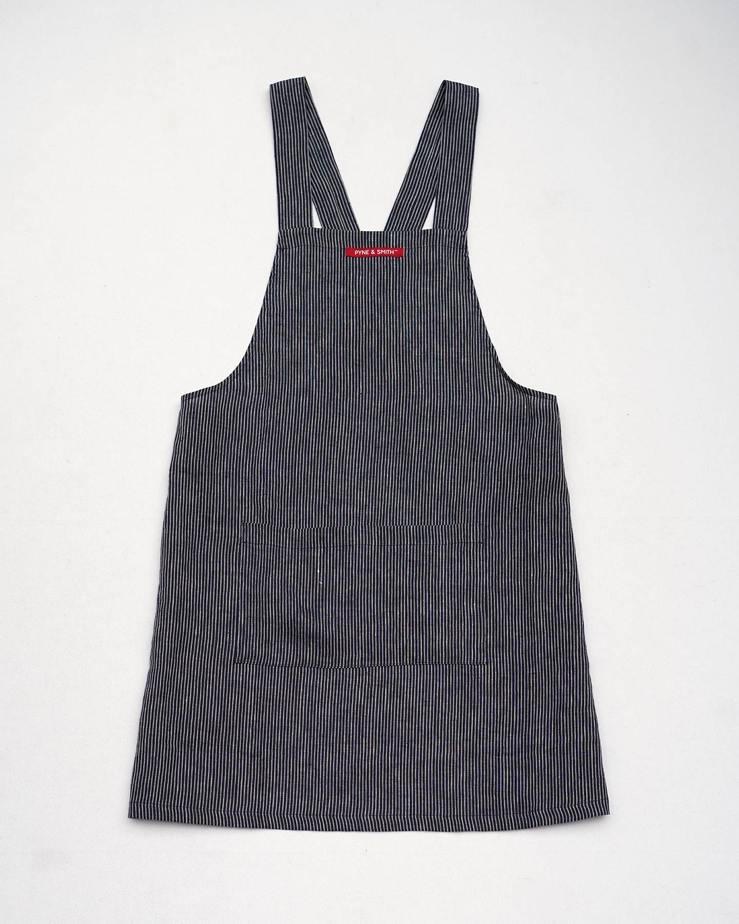 Cross Back Apron in Small Indigo Stripe Linen