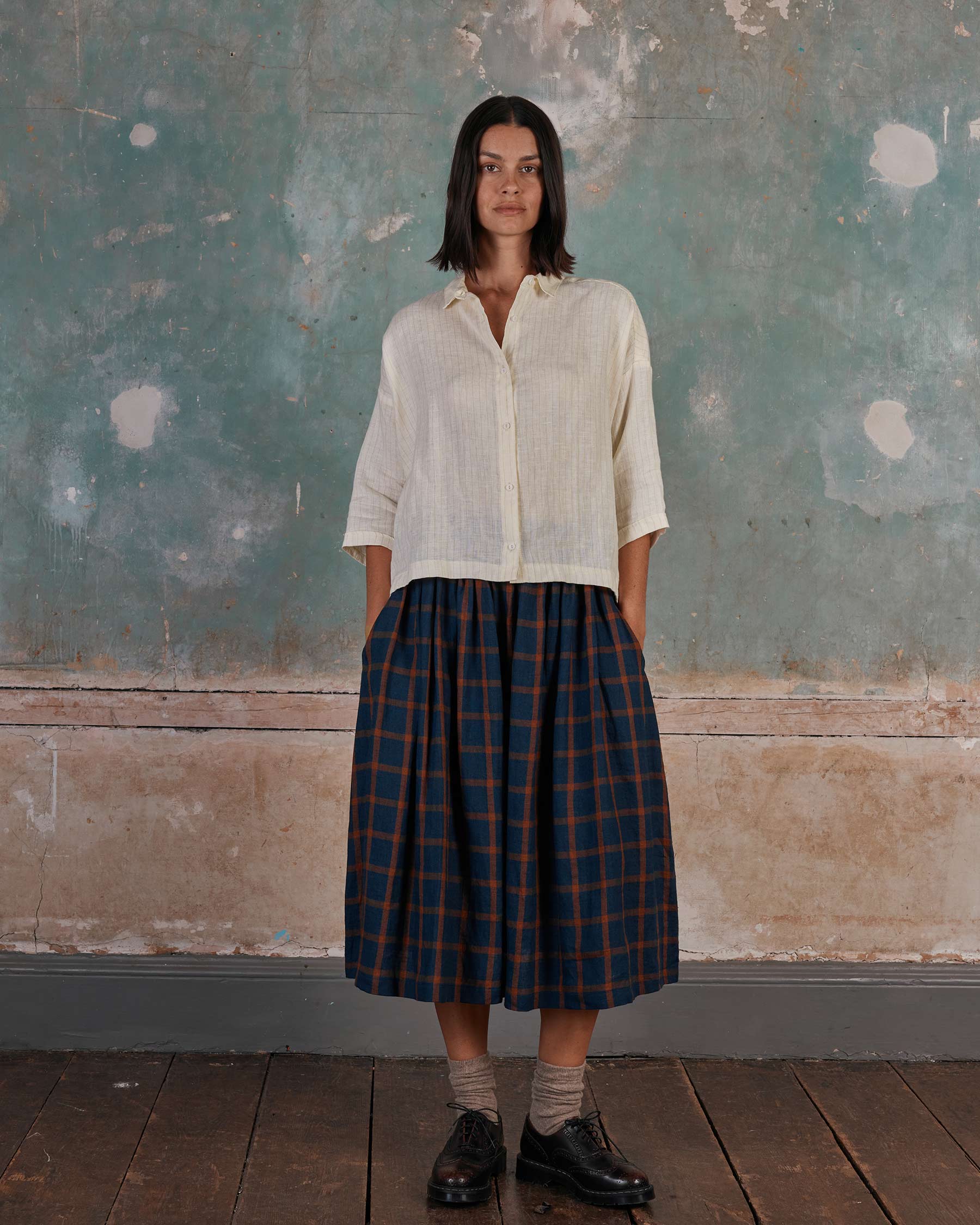 Boxy Cropped, Button up, Linen Blouse No.22 in Cream Pinstripe