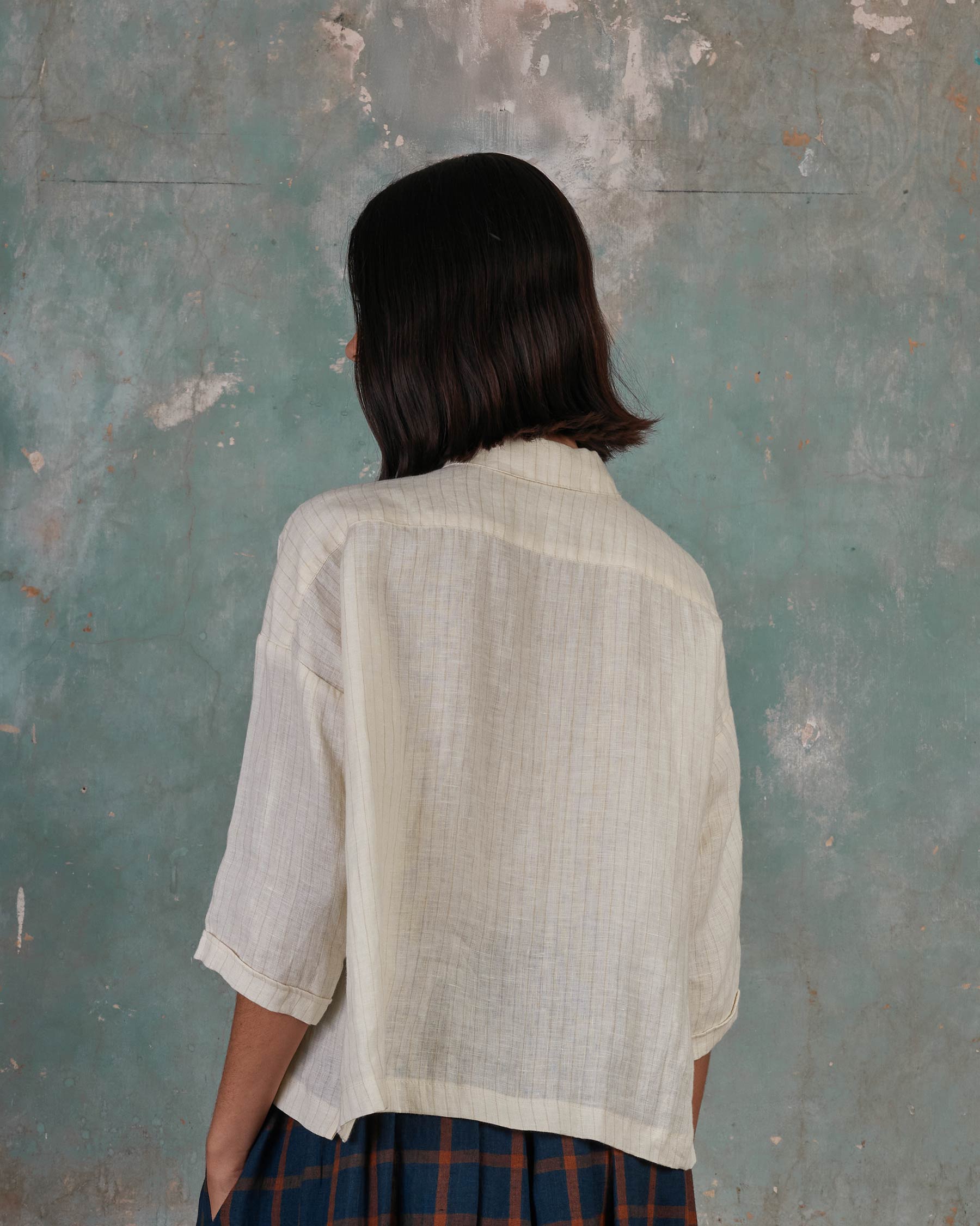 Boxy Cropped, Button up, Linen Blouse No.22 in Cream Pinstripe