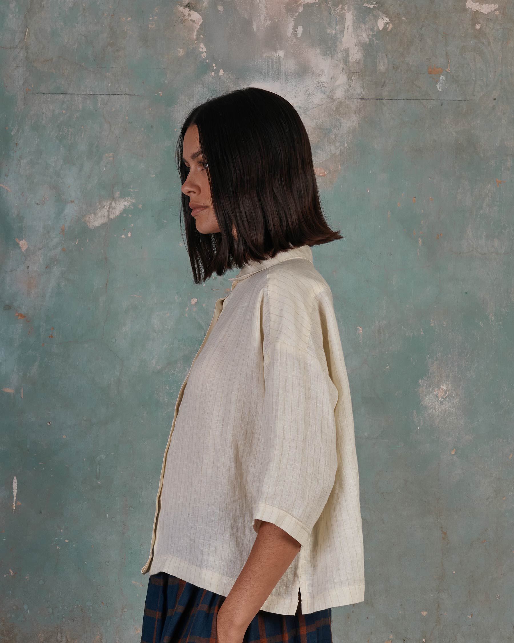 Boxy Cropped, Button up, Linen Blouse No.22 in Cream Pinstripe