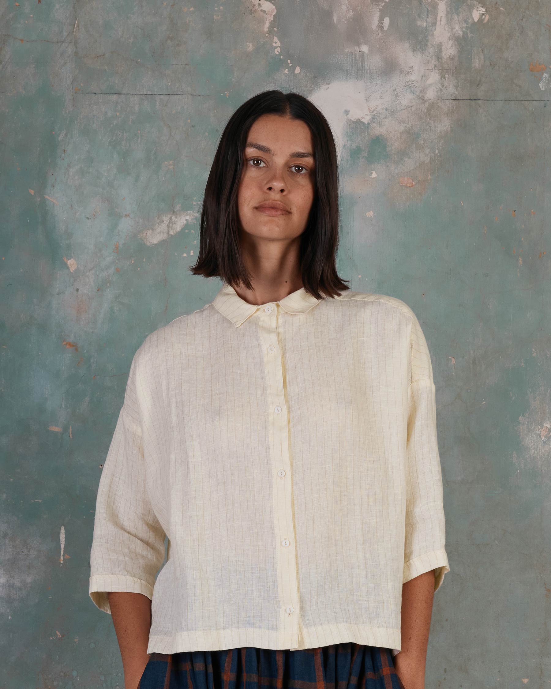 Boxy Cropped, Button up, Linen Blouse No.22 in Cream Pinstripe