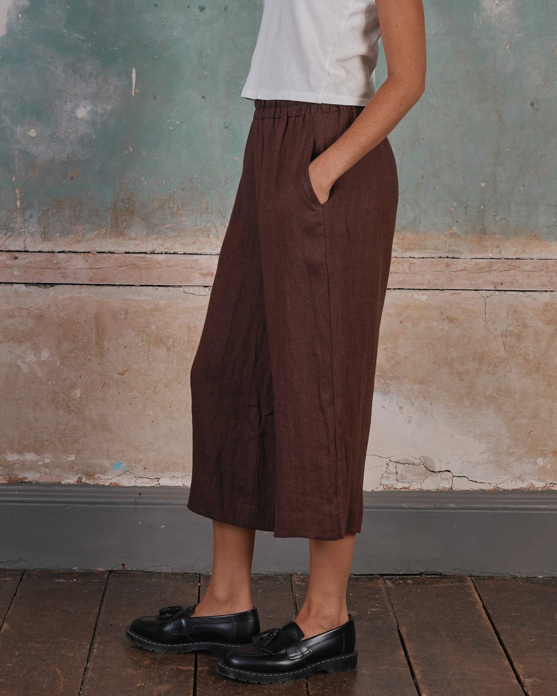 Culottes No.11 Linen Cropped Pants in Brown Herringbone