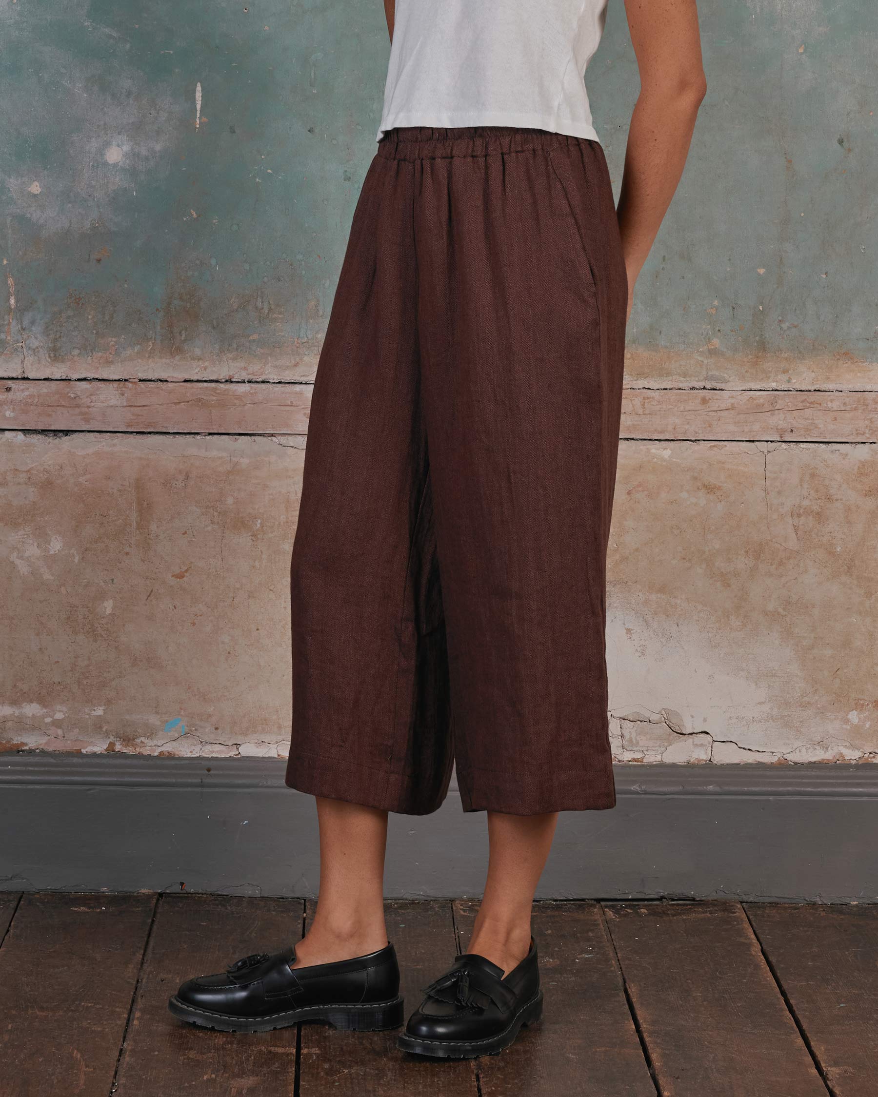 Culottes No.11 Linen Cropped Pants in Brown Herringbone