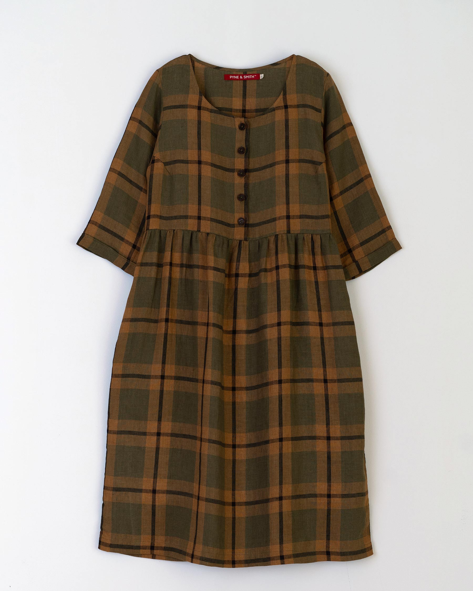 Linen Plaid Midi Dress with Pockets