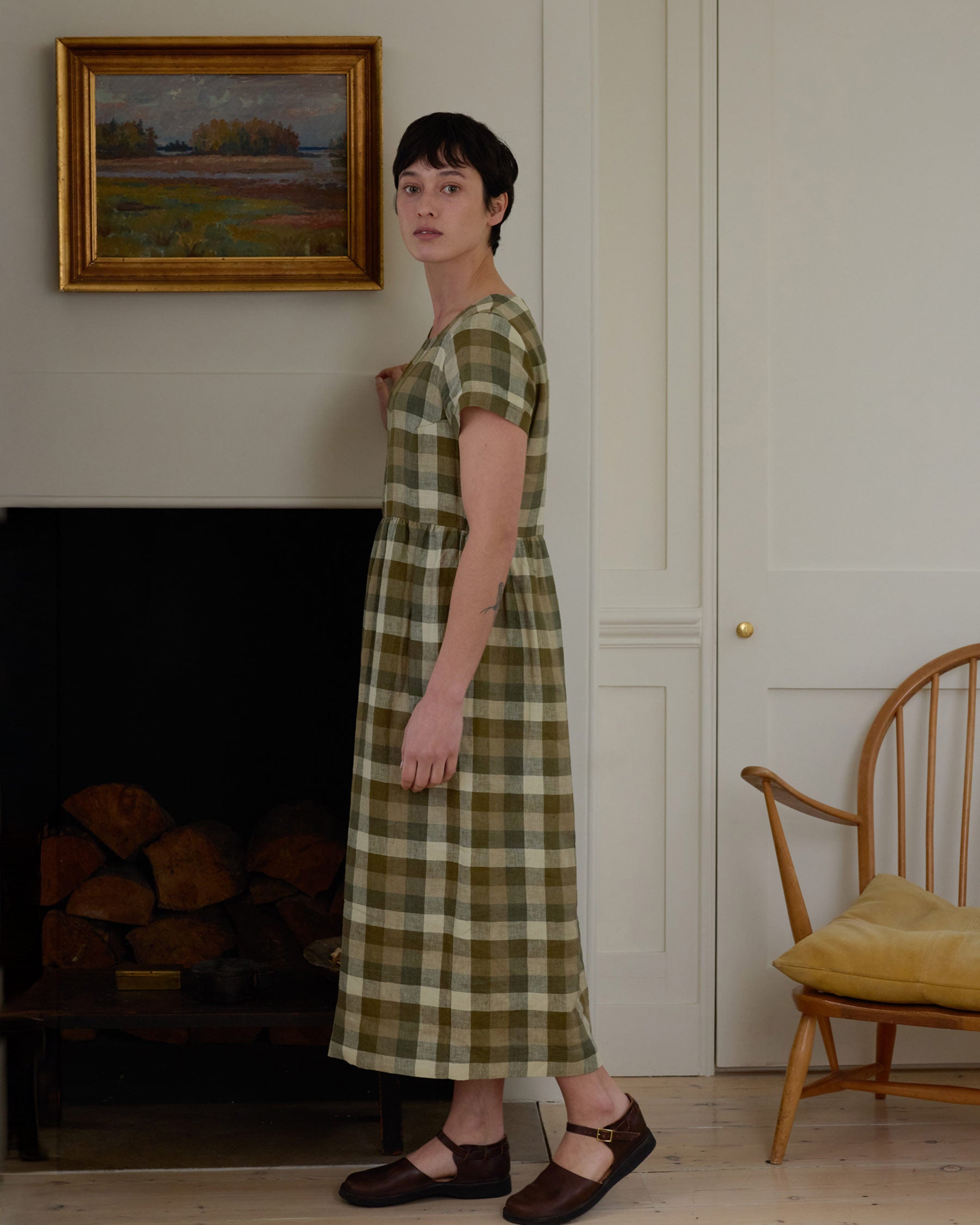 No.17 Full Length Linen Tea Dress in Green Melange