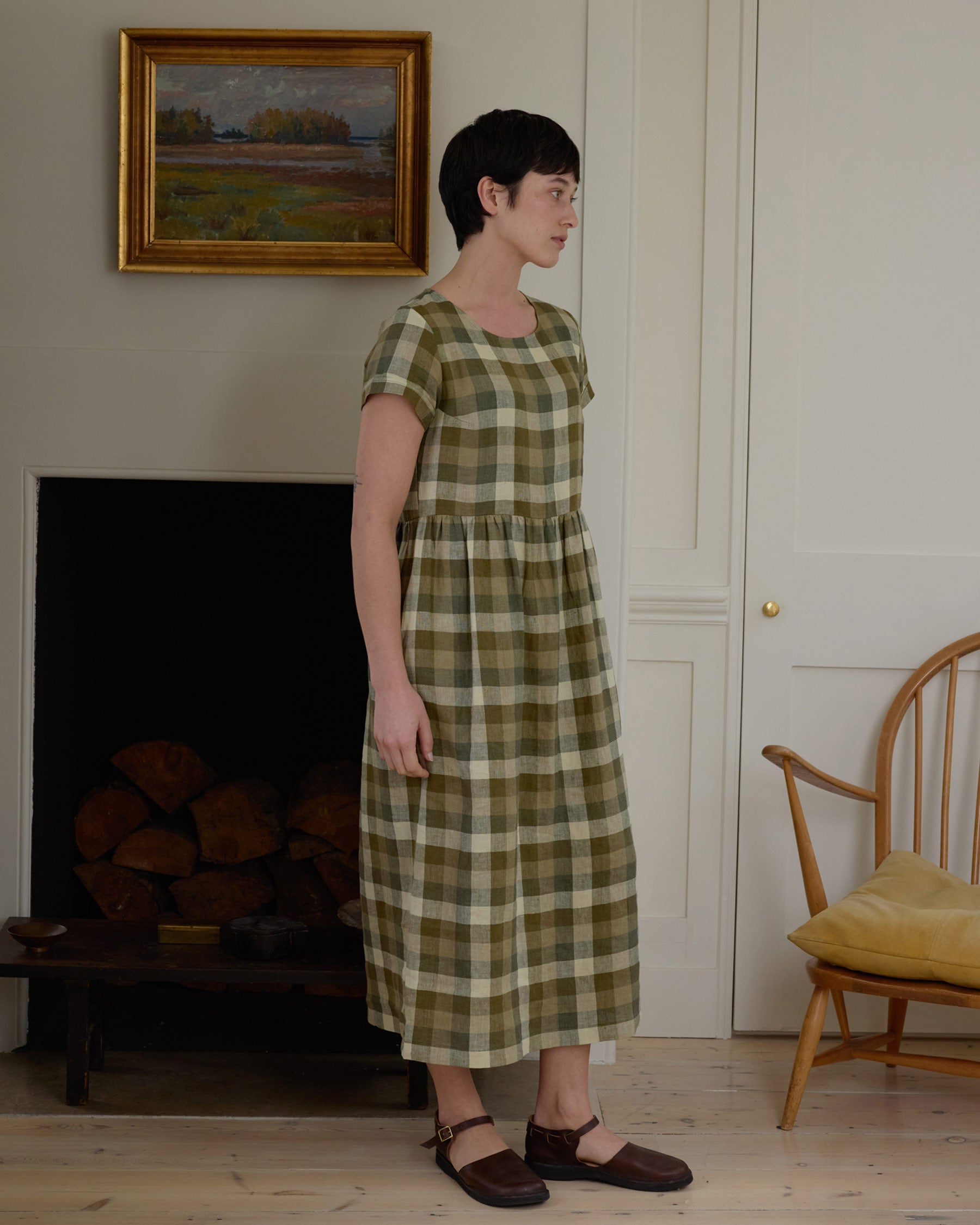 No.17 Full Length Linen Tea Dress in Green Melange
