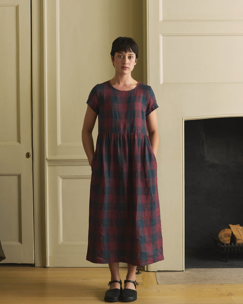 Linen Tea Dress in Mulberry Check | Pyne & Smith