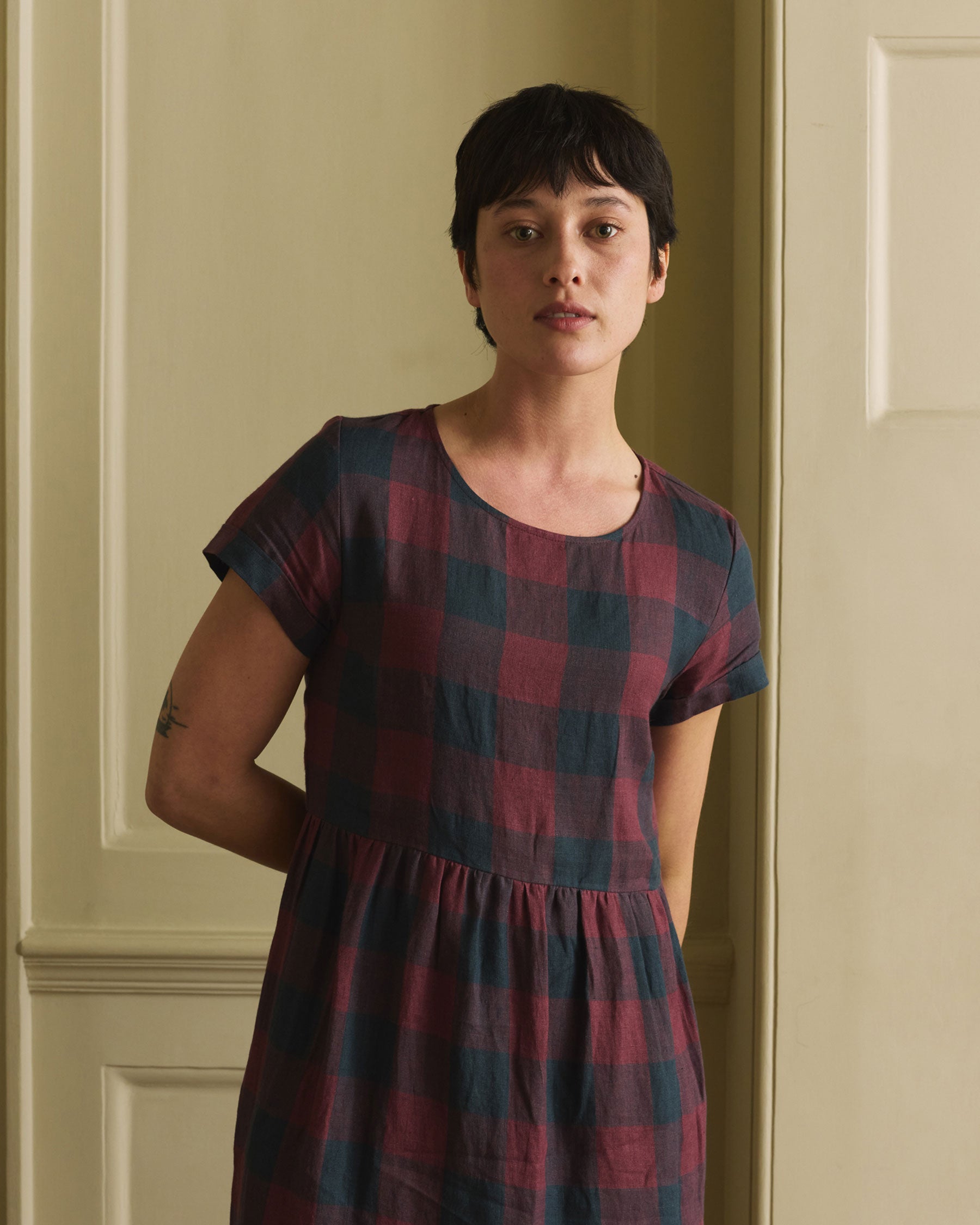 No.17 Full Length Linen Tea Dress in Mulberry Check