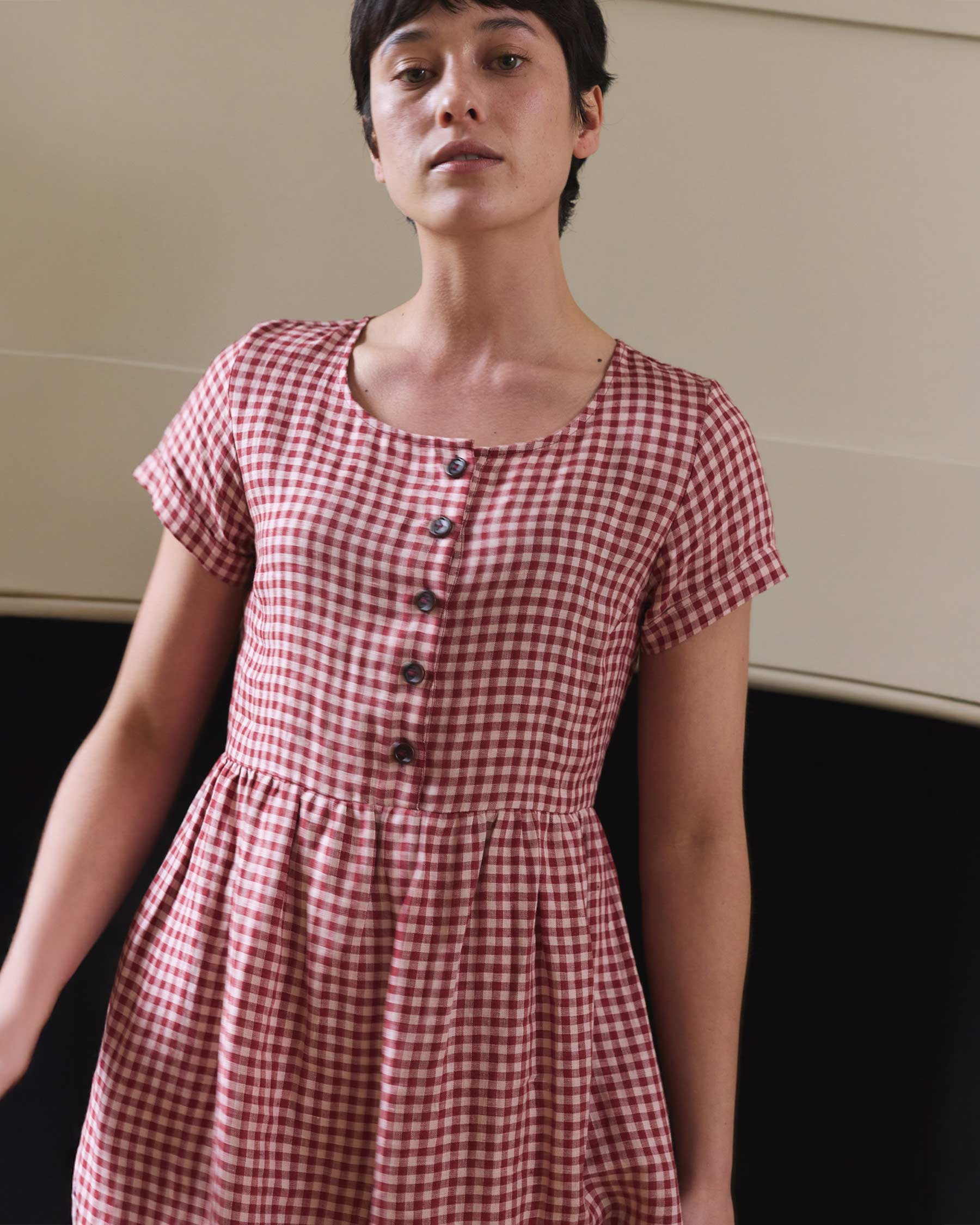 No.11 Classic Button Up Linen Dress in Geranium Check