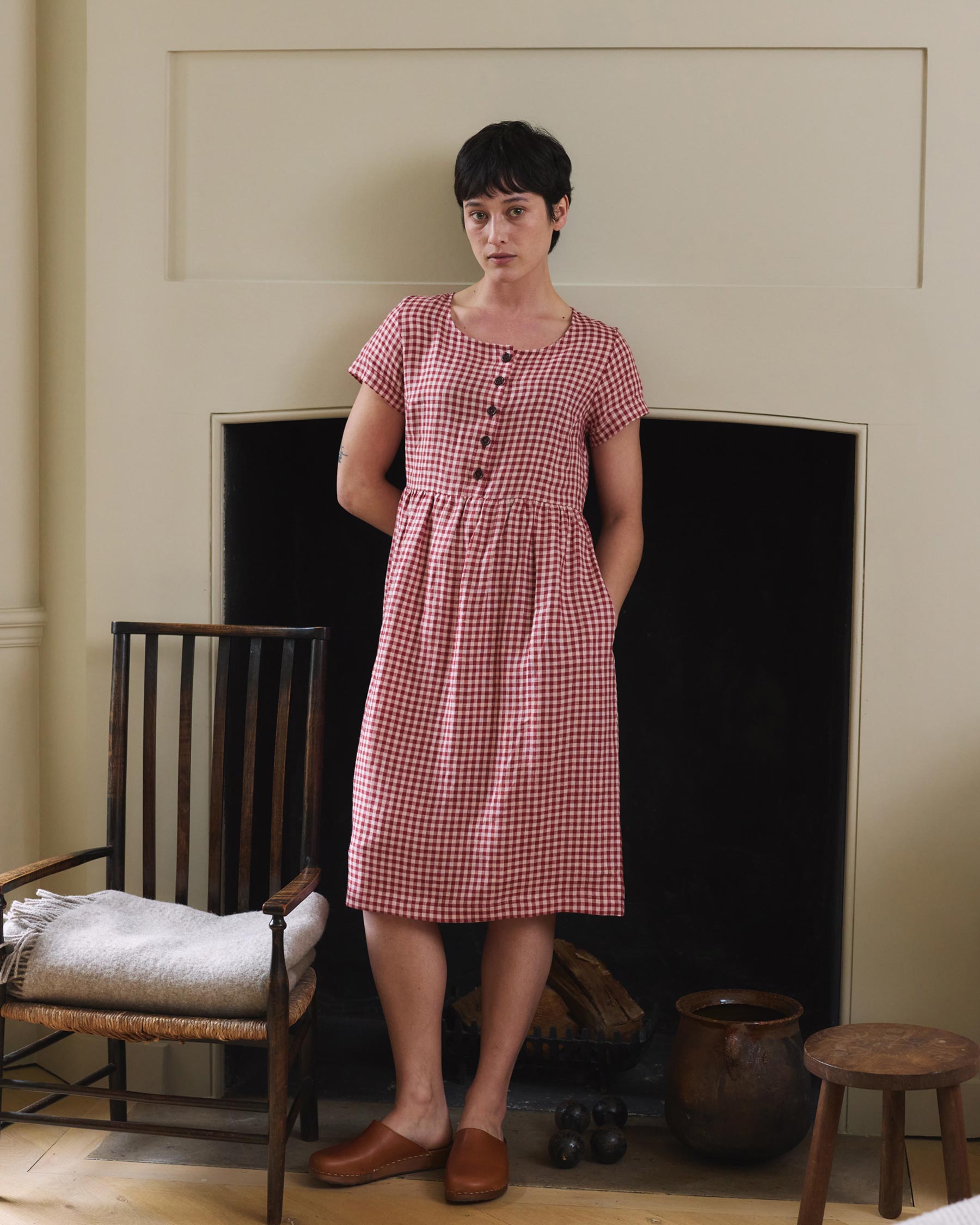 No.11 Classic Button Up Linen Dress in Geranium Check