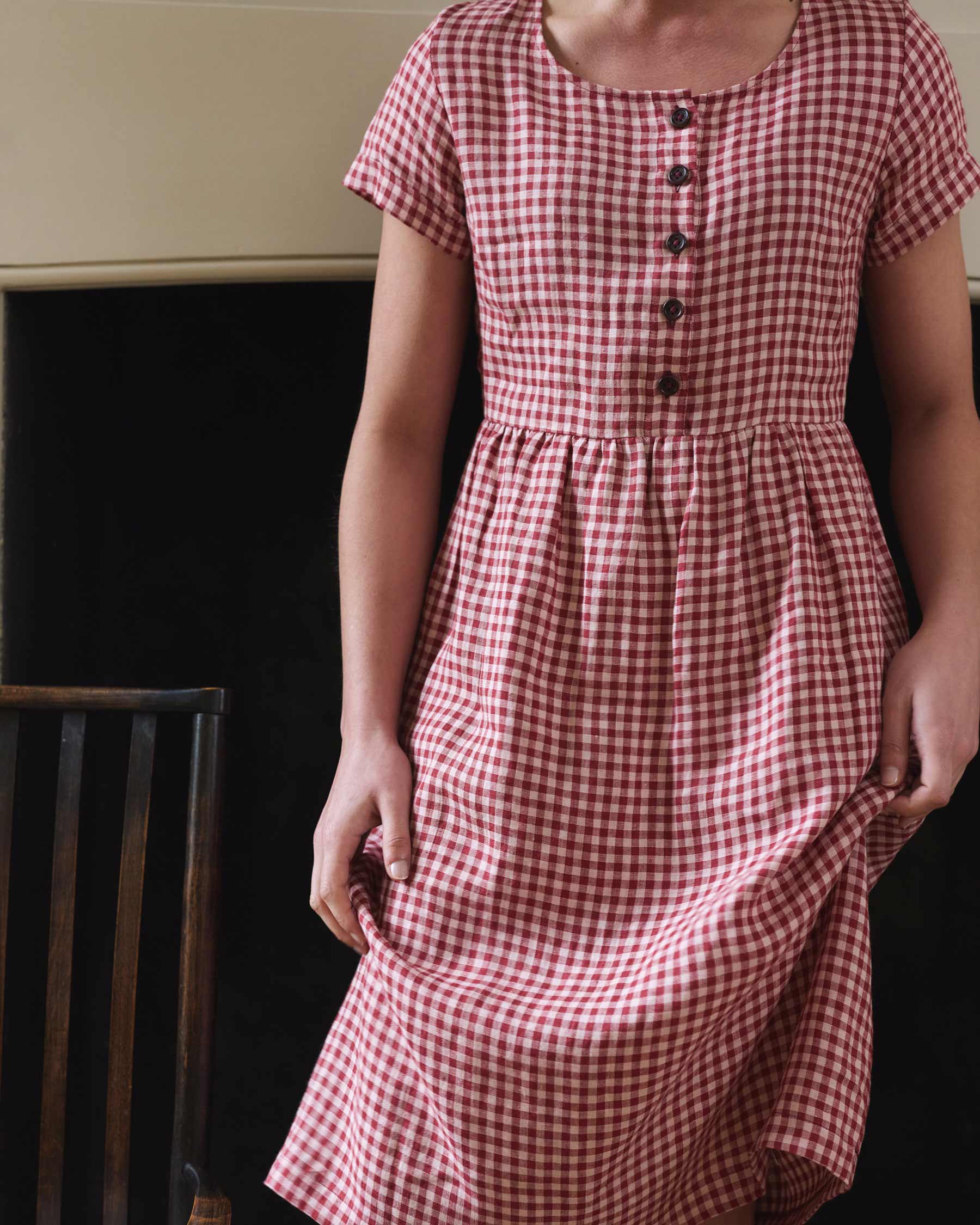 No.11 Classic Button Up Linen Dress in Geranium Check