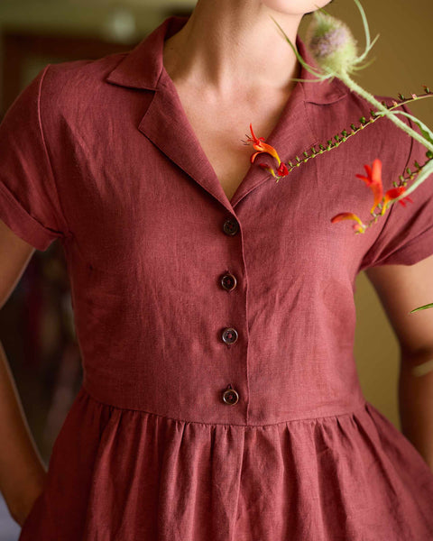 60s Collared, hot Red Linen Day Dress with Cinched Waist