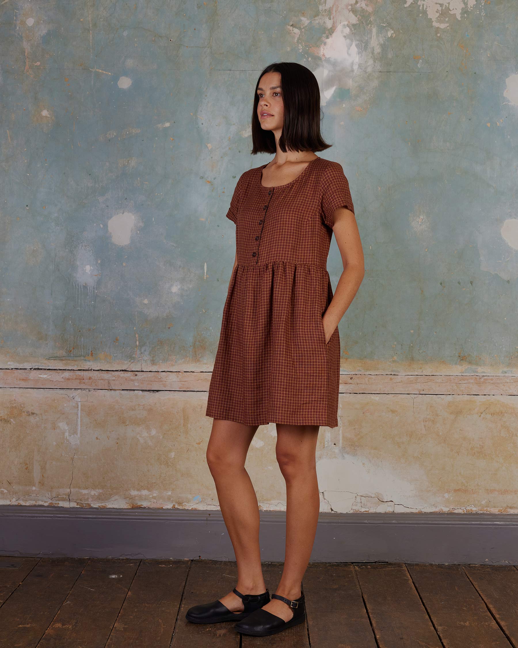 No.10 Button Up Linen Dress in Kentish Town Check