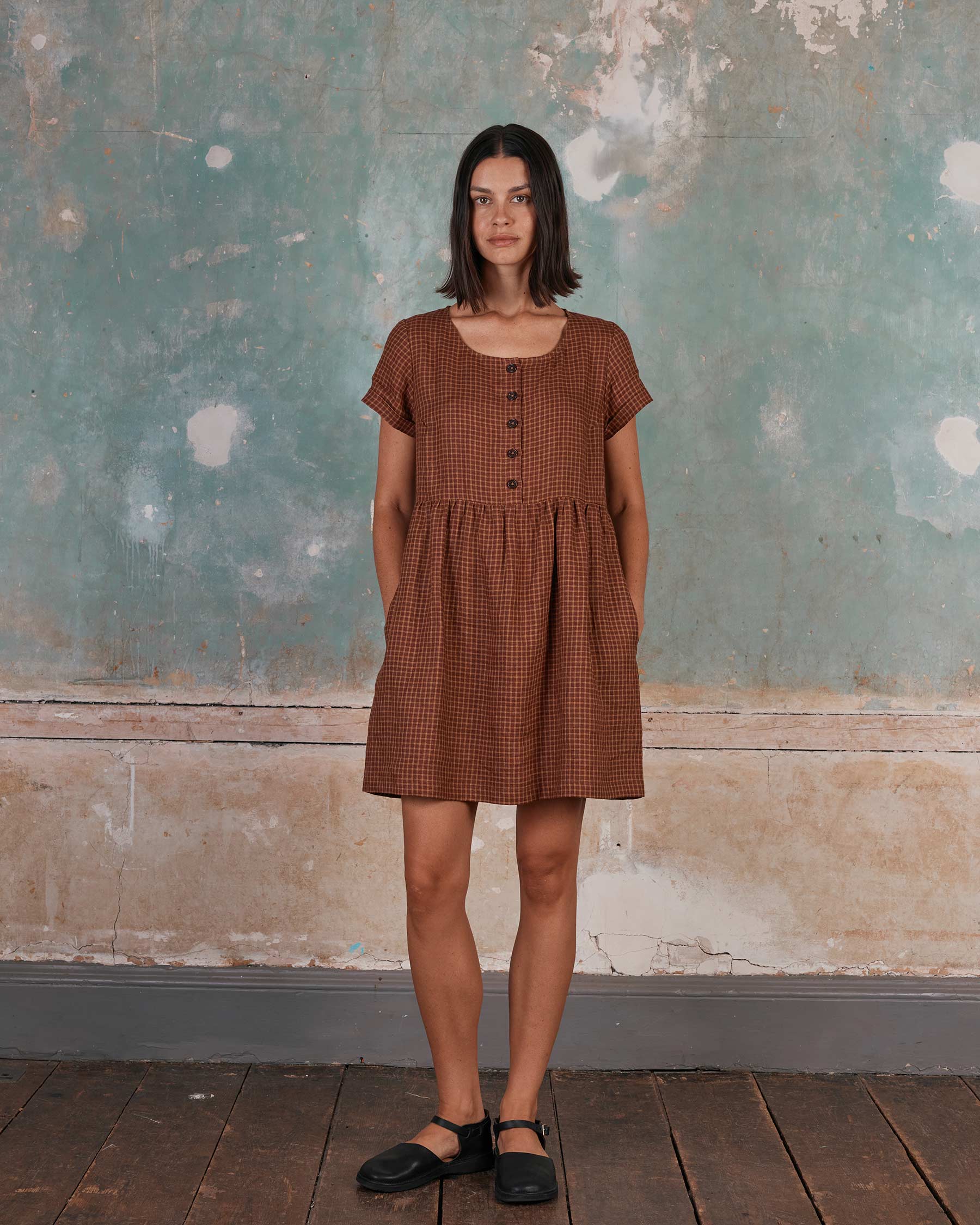 No.10 Button Up Linen Dress in Kentish Town Check