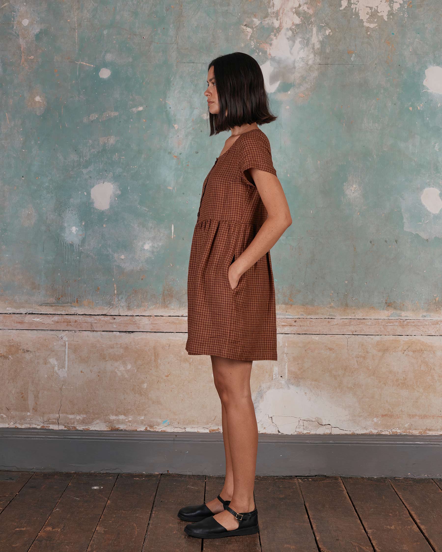 No.10 Button Up Linen Dress in Kentish Town Check