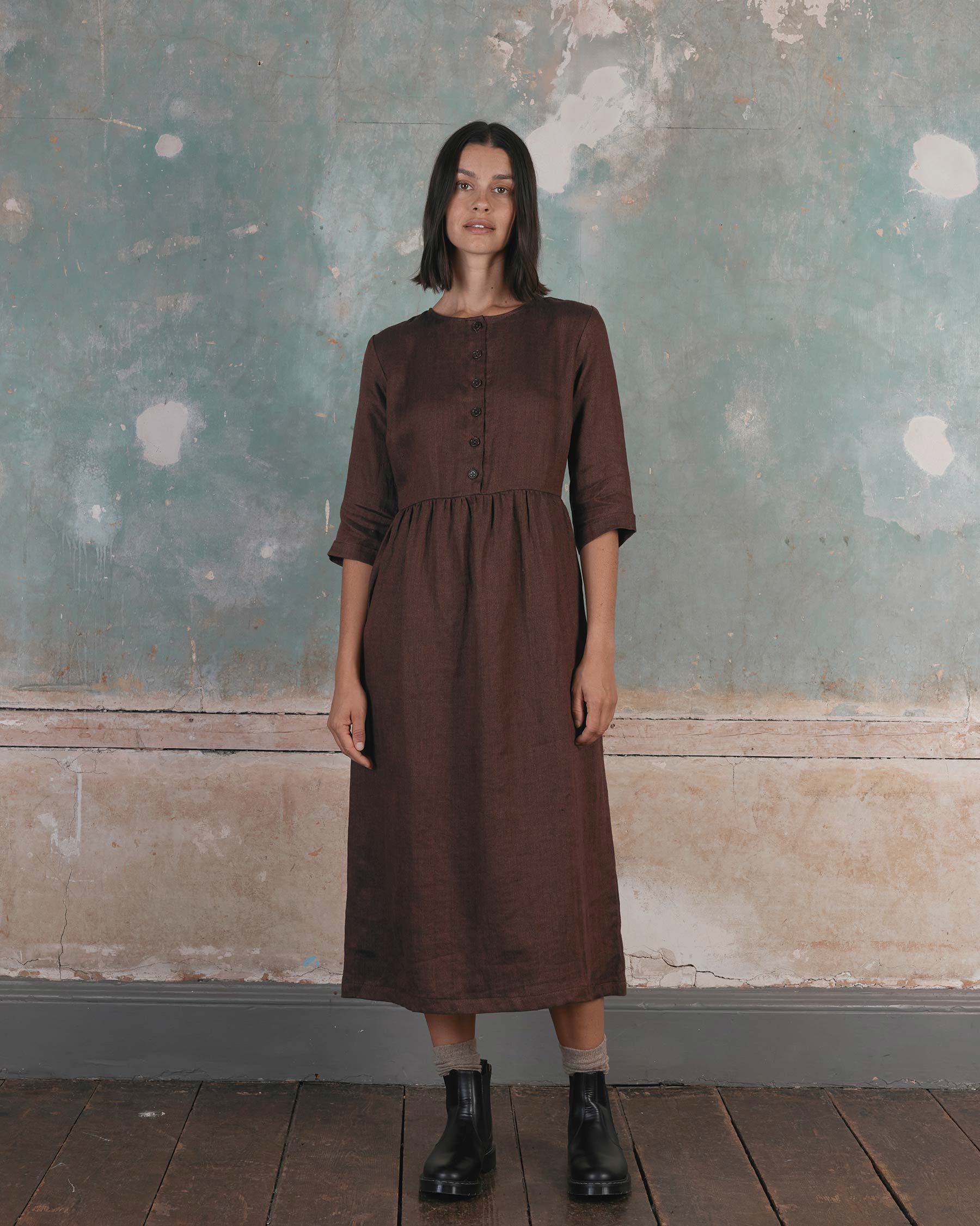 No.14 Button up Full Length Linen Dress in Brown Herringbone