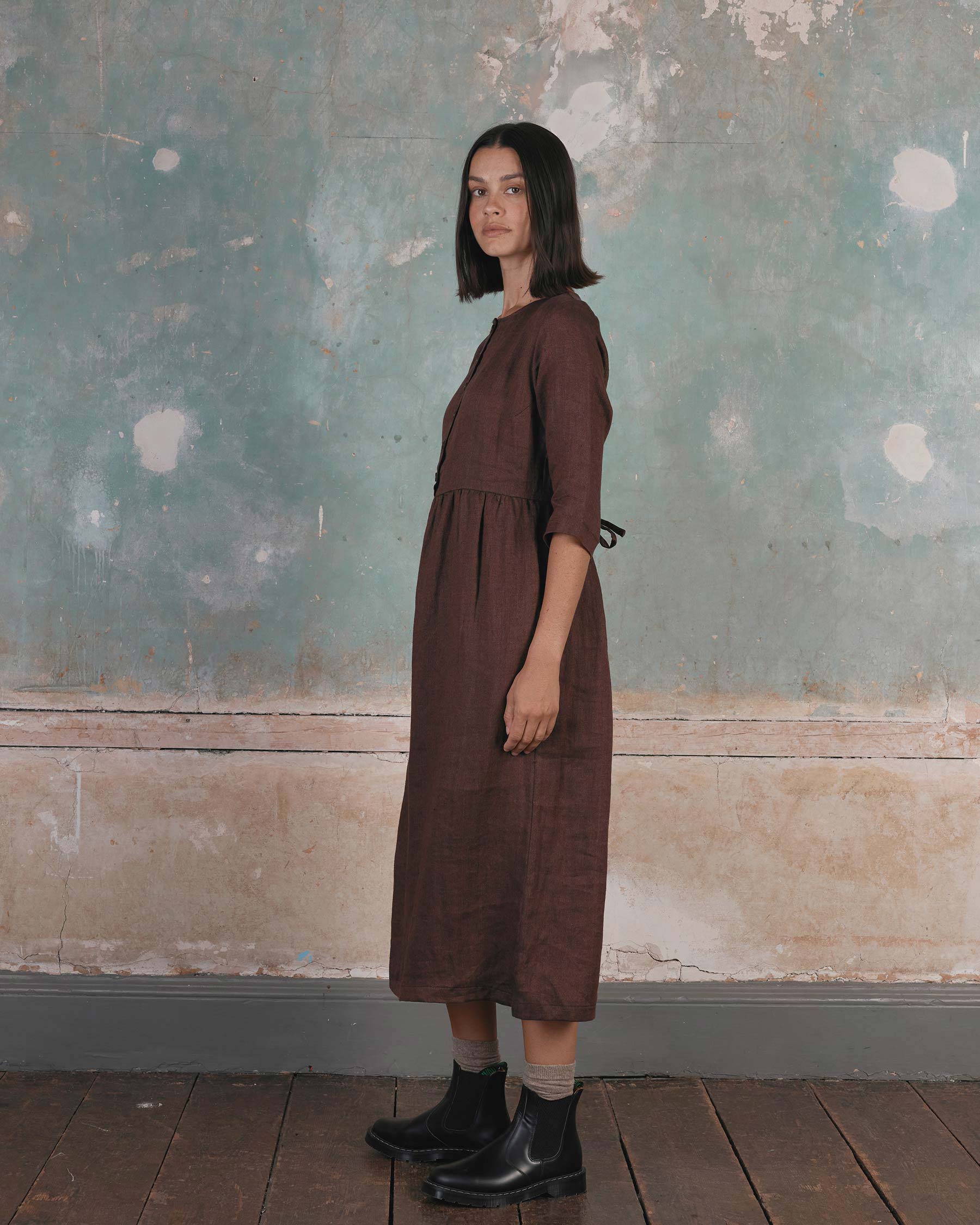 No.14 Button up Full Length Linen Dress in Brown Herringbone