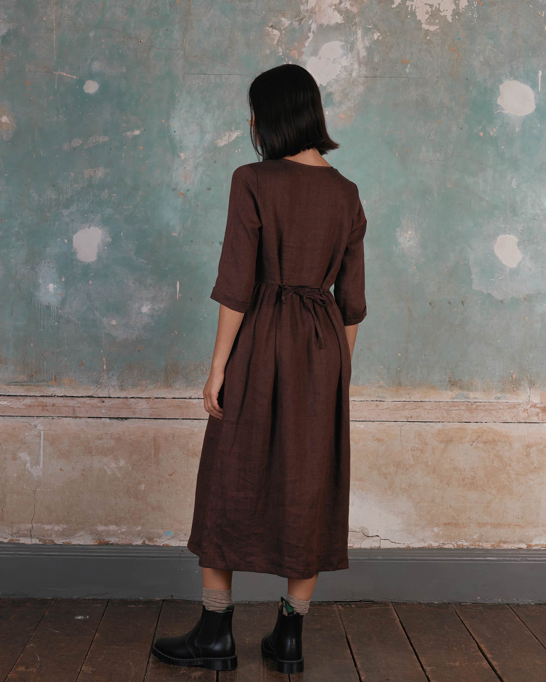 No.14 Button up Full Length Linen Dress in Brown Herringbone