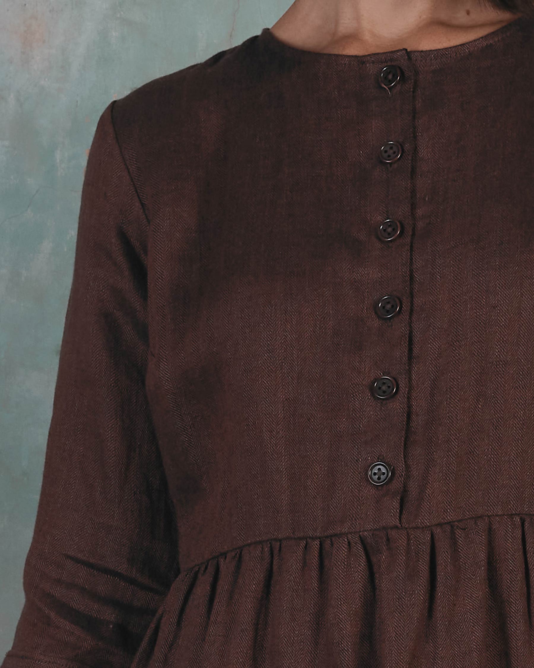 No.14 Button up Full Length Linen Dress in Brown Herringbone