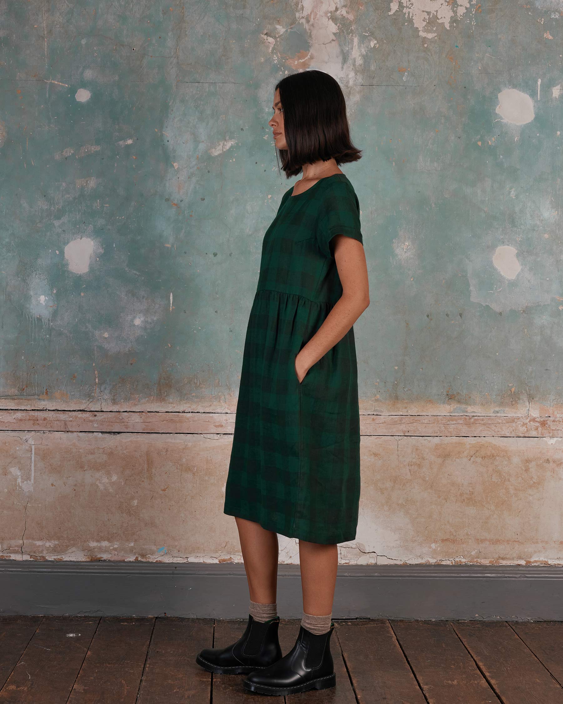 No.15 Linen Day Dress in Woodland Green