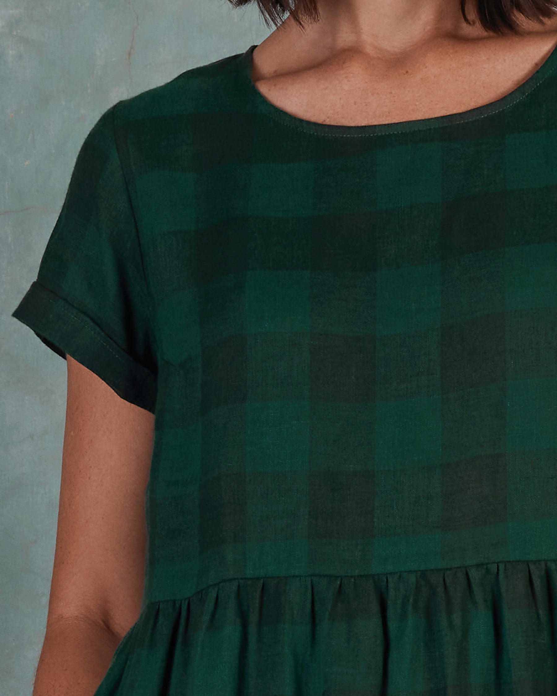 Linen Day Dress in Woodland Green Check | Pyne & Smith Linen Day Dress in Woodland Green Check | Pyne & Smith