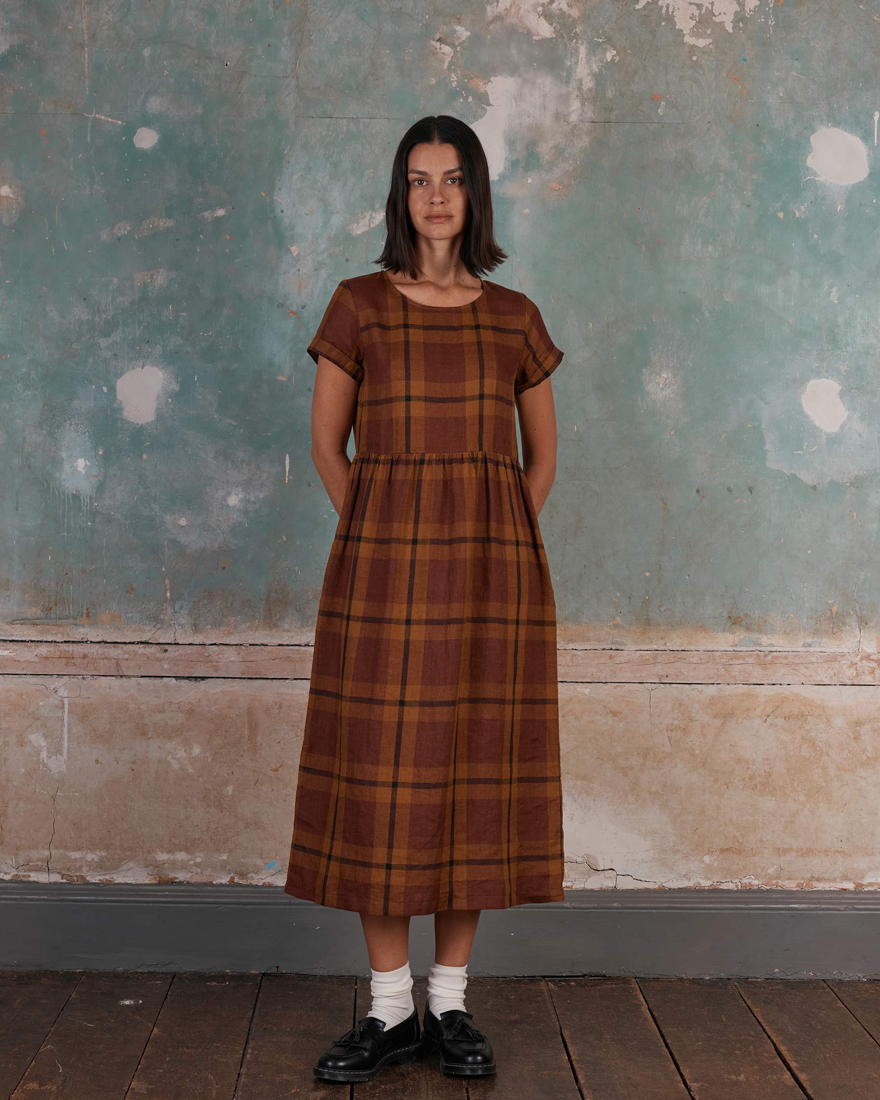 No.17 Full Length Linen Tea Dress in Tobacco Plaid