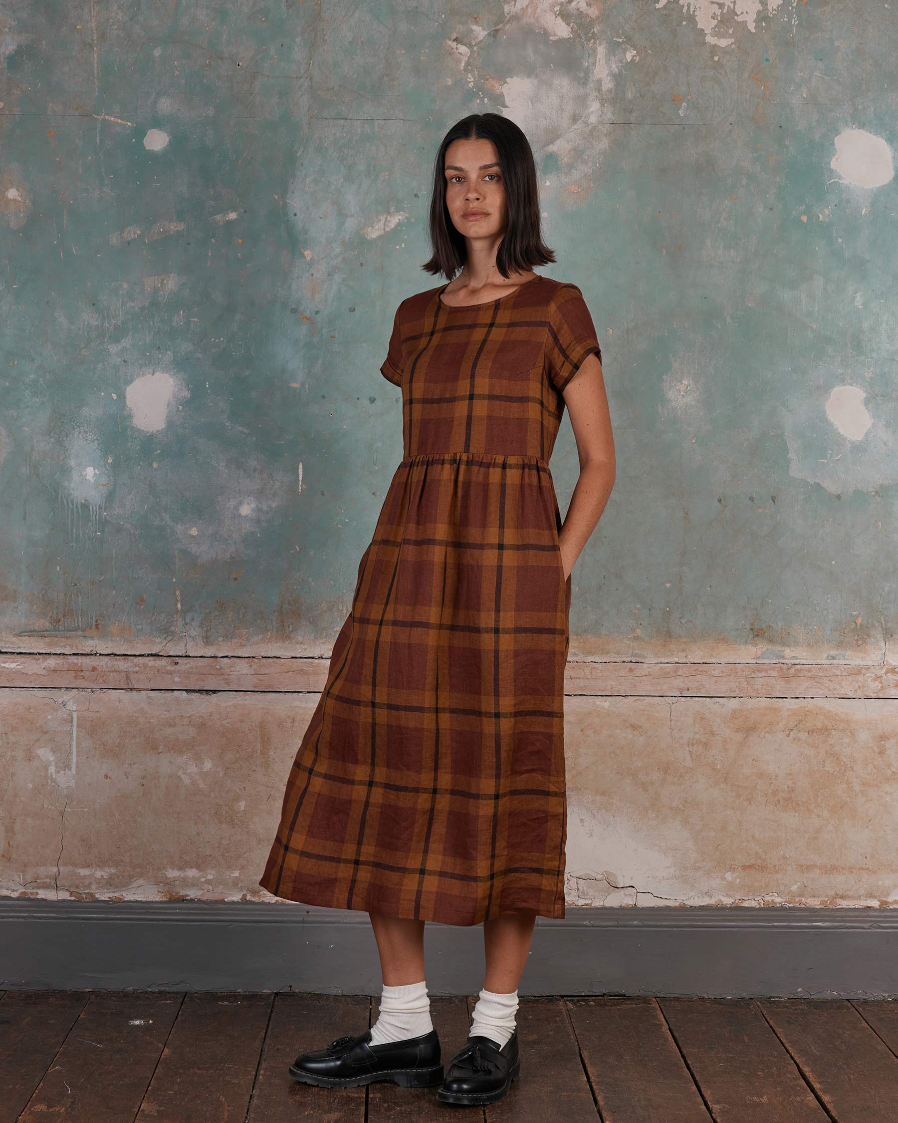 No.17 Full Length Linen Tea Dress in Tobacco Plaid