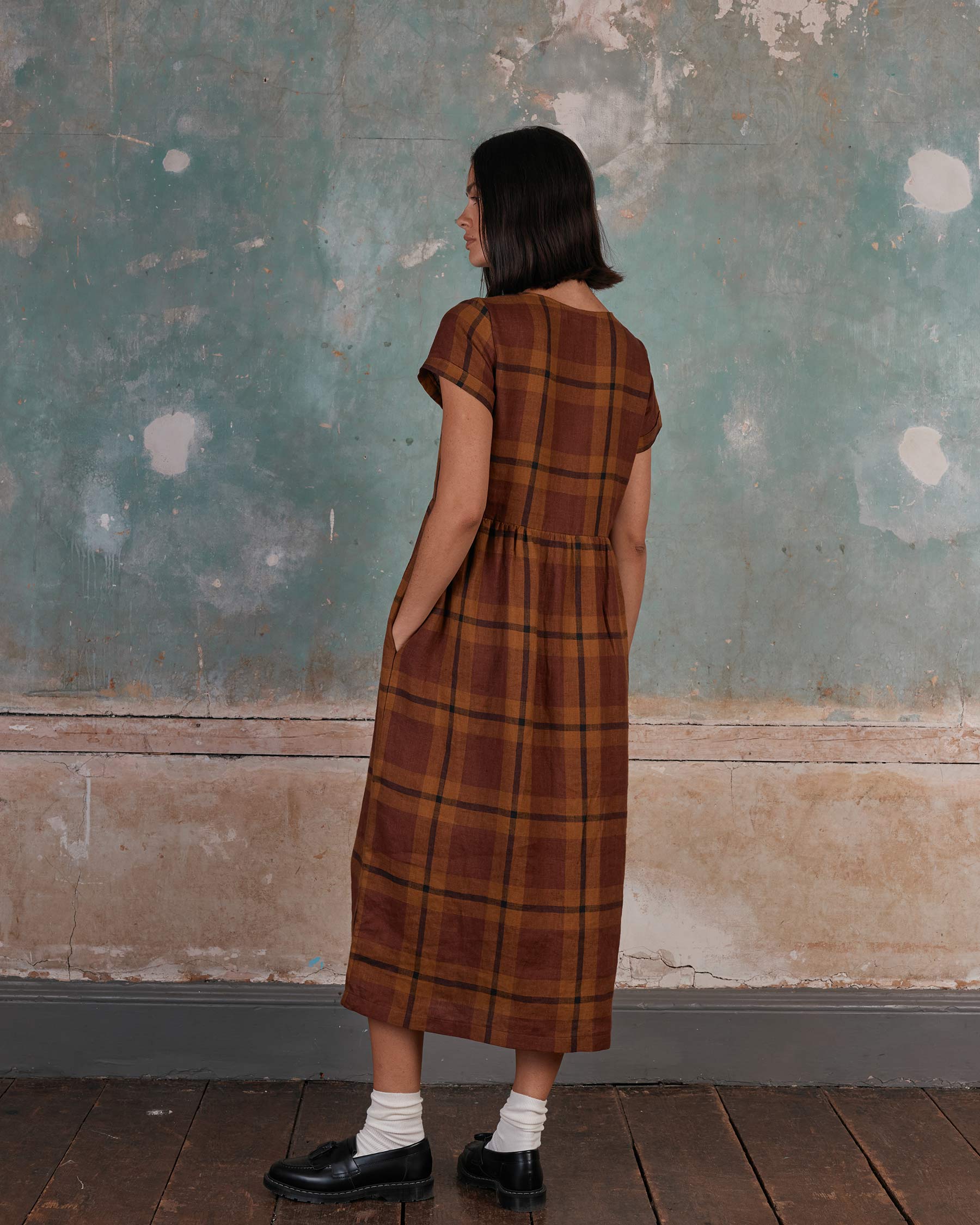 No.17 Full Length Linen Tea Dress in Tobacco Plaid