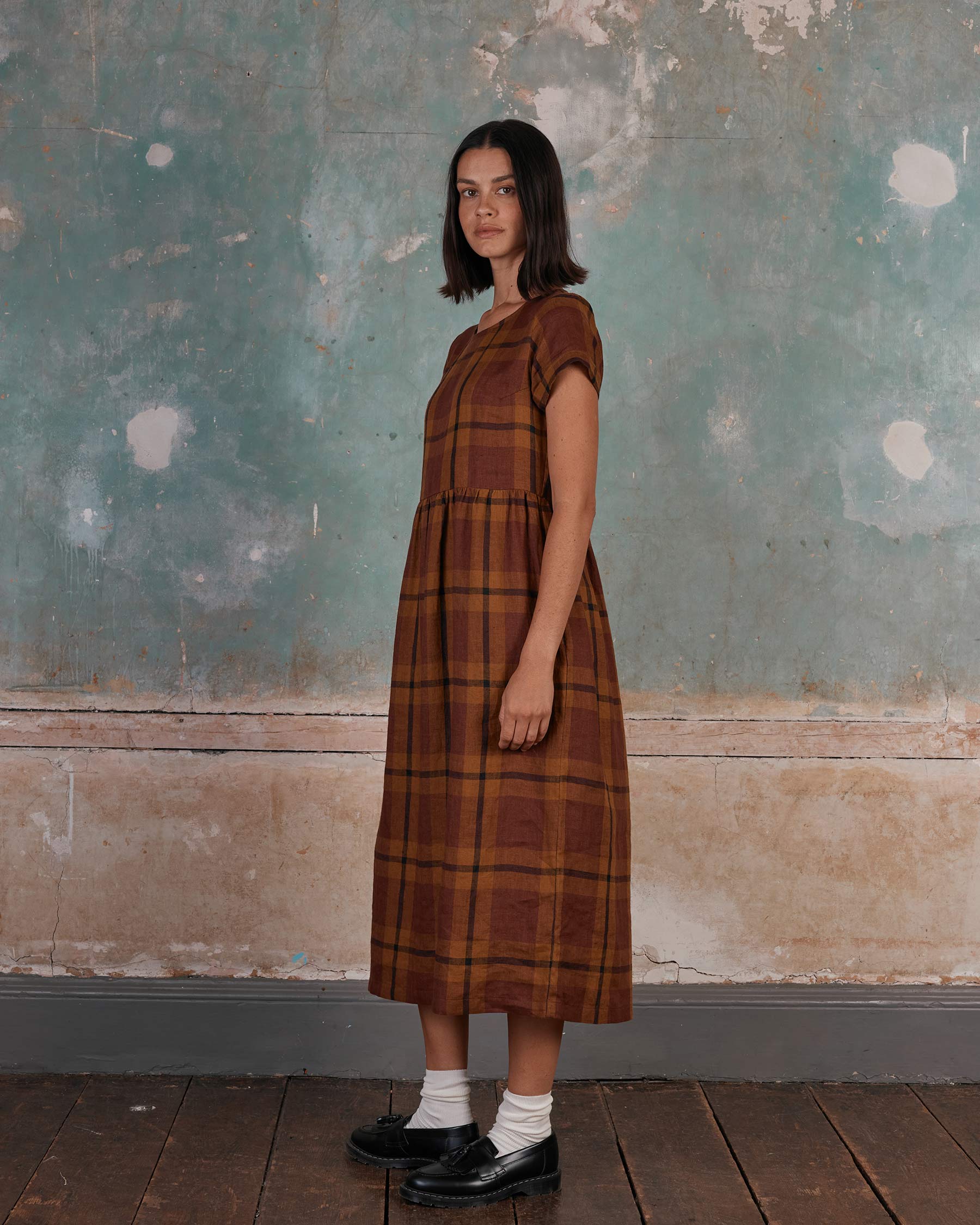 No.17 Full Length Linen Tea Dress in Tobacco Plaid